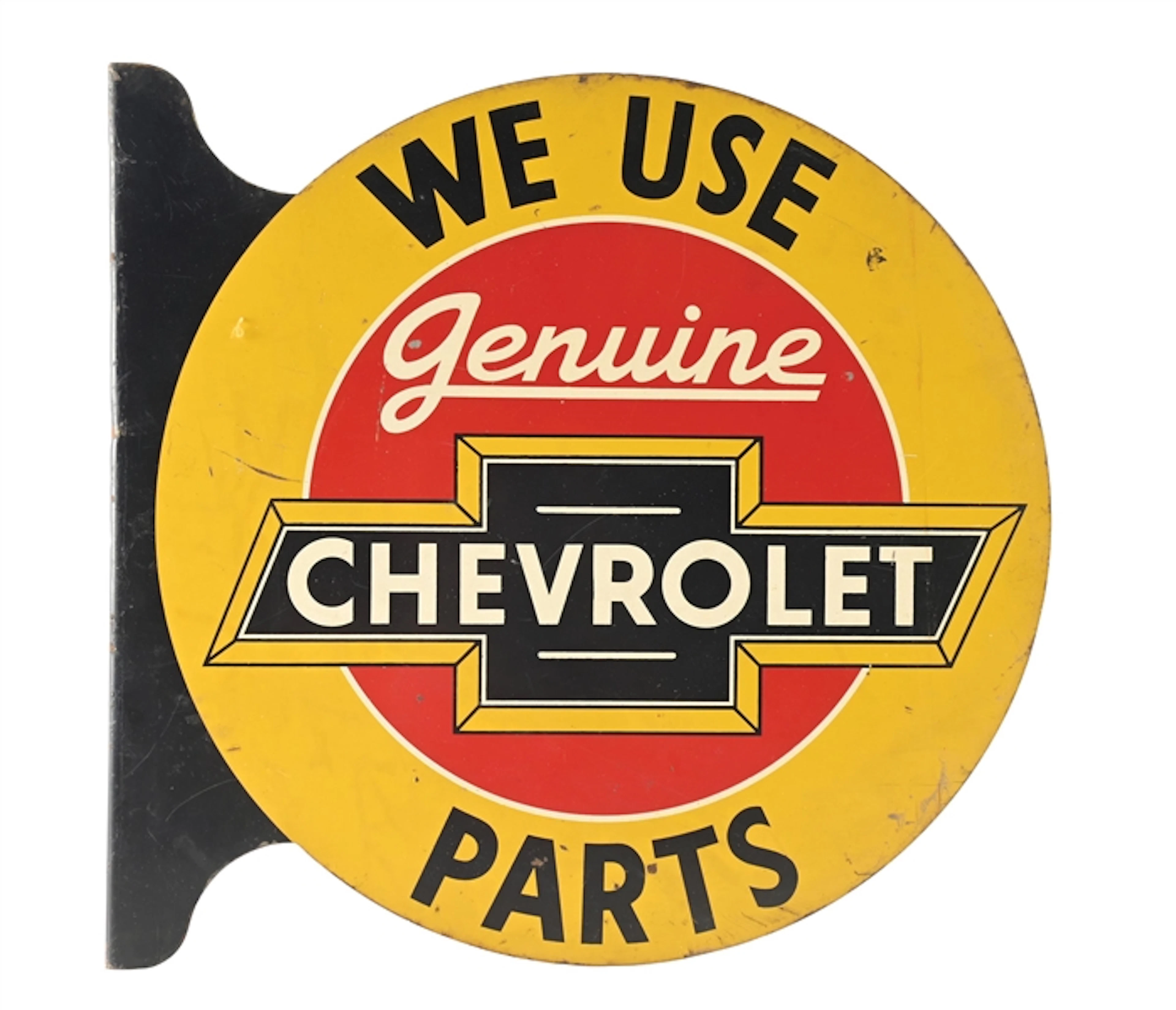 WE USE CHEVROLET GENUINE PARTS TIN FLANGE SIGN W/ BOW TIE GRAPHIC.