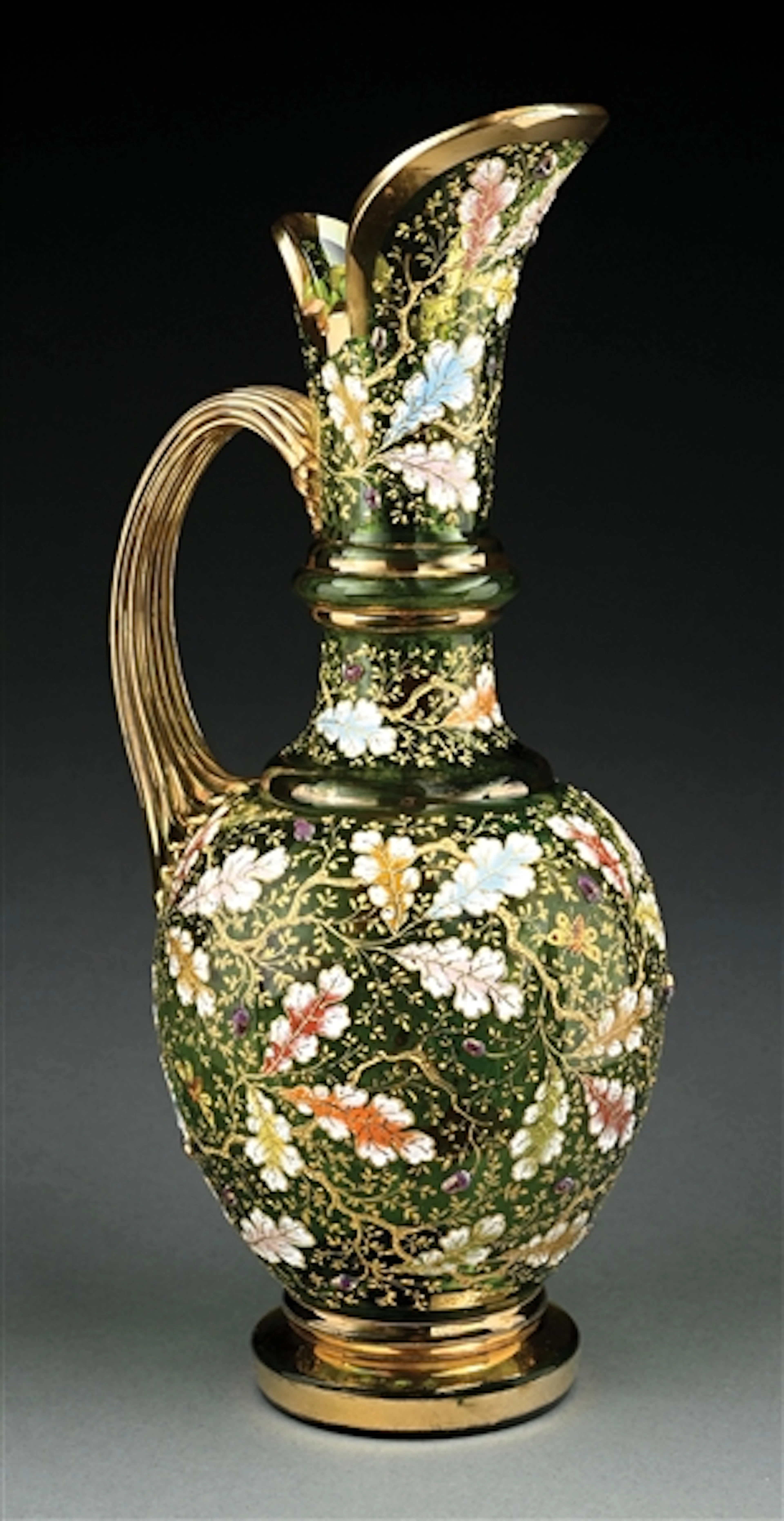 MOSER GREEN GLASS & ENAMEL PITCHER