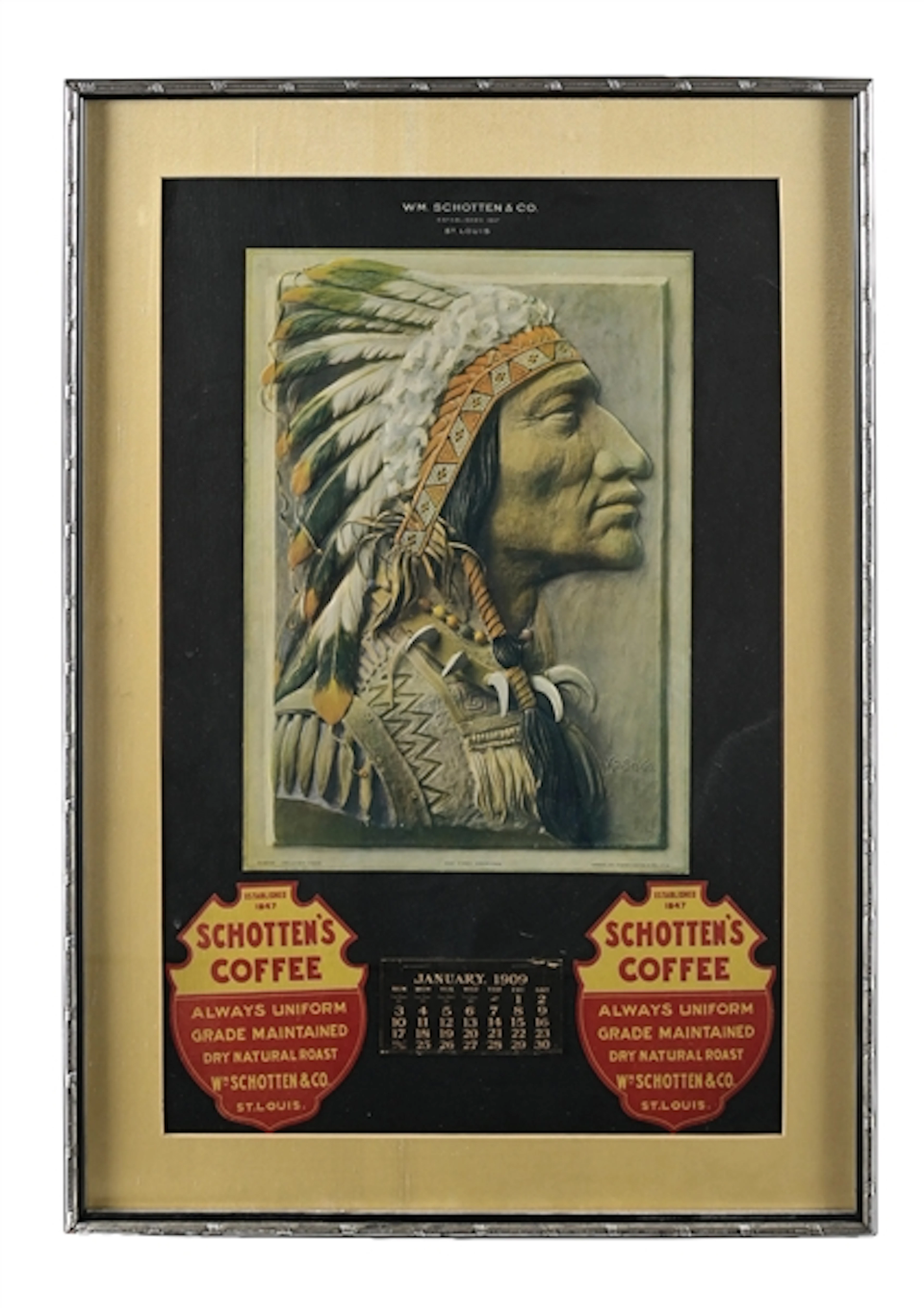 SCHOTTEN'S COFFEE FRAMED 1909 ADVERTISING CALENDAR WITH NATIVE AMERICAN GRAPHIC