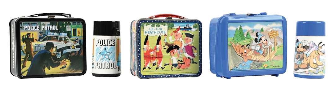 LOT OF 3: POLICE PATROL, HECTOR HEATHCOTE, AND PLASTIC MICKEY MOUSE LUNCH BOXES