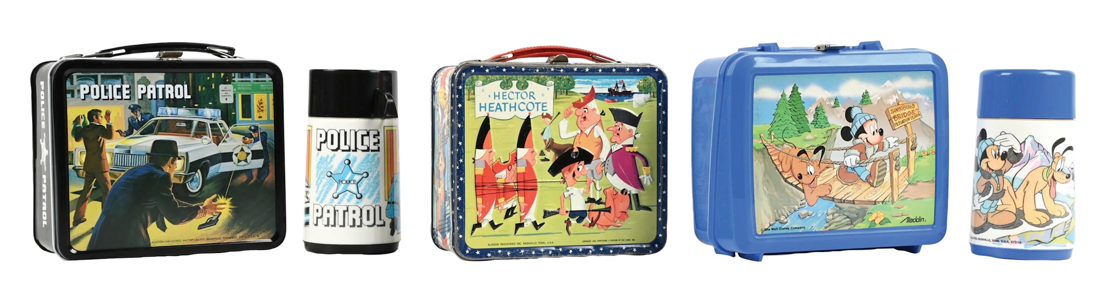 LOT OF 3: POLICE PATROL, HECTOR HEATHCOTE, AND PLASTIC MICKEY MOUSE LUNCH BOXES