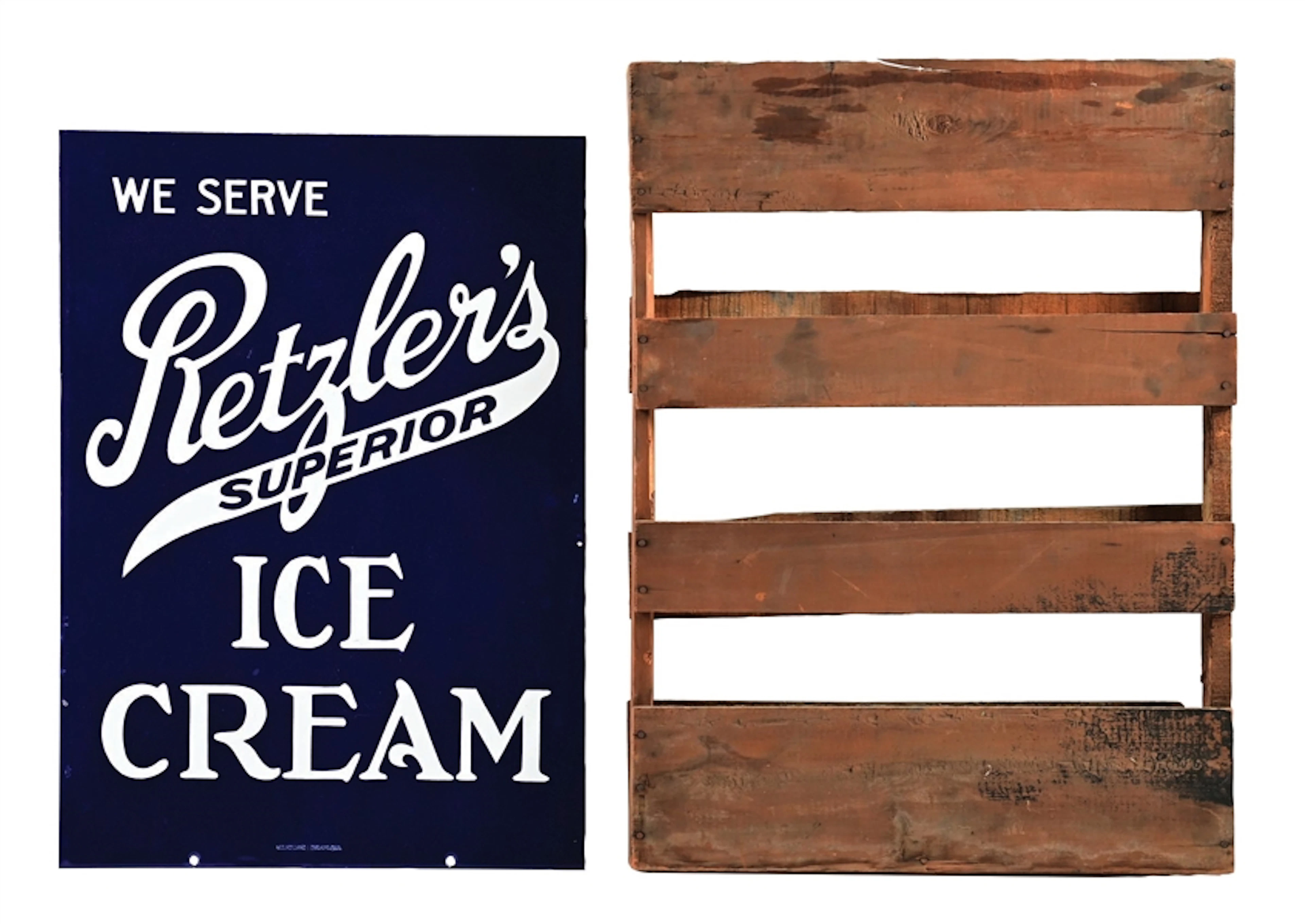 WE SERVE RETZLER'S SUPERIOR ICE CREAM N.O.S. PORCELAIN SIGN WITH ORIGINAL