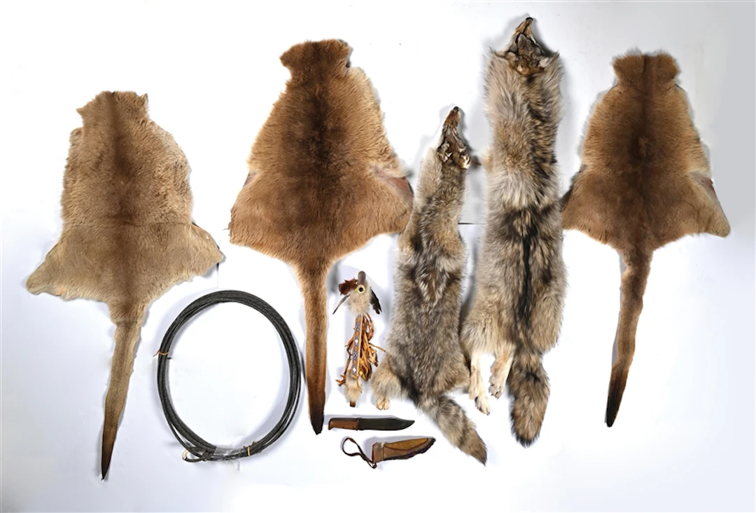 LOT OF 8: VARIOUS NATIVE AMERICAN ITEMS, ROPE AND FIVE ANIMAL SKINS