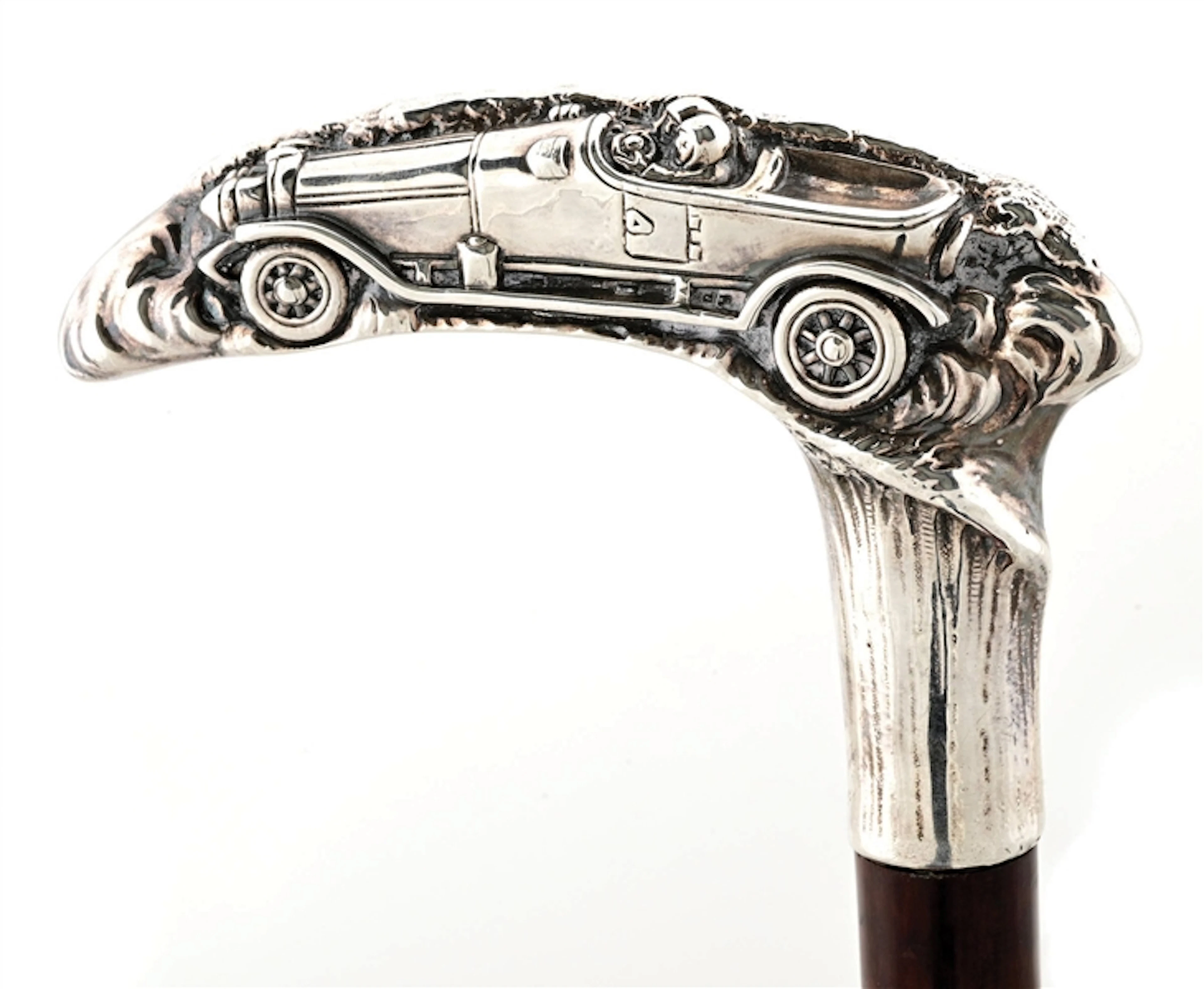 ANTIQUE WALKING CANE WITH SILVER CARVED AUTOMOBILE HANDLE