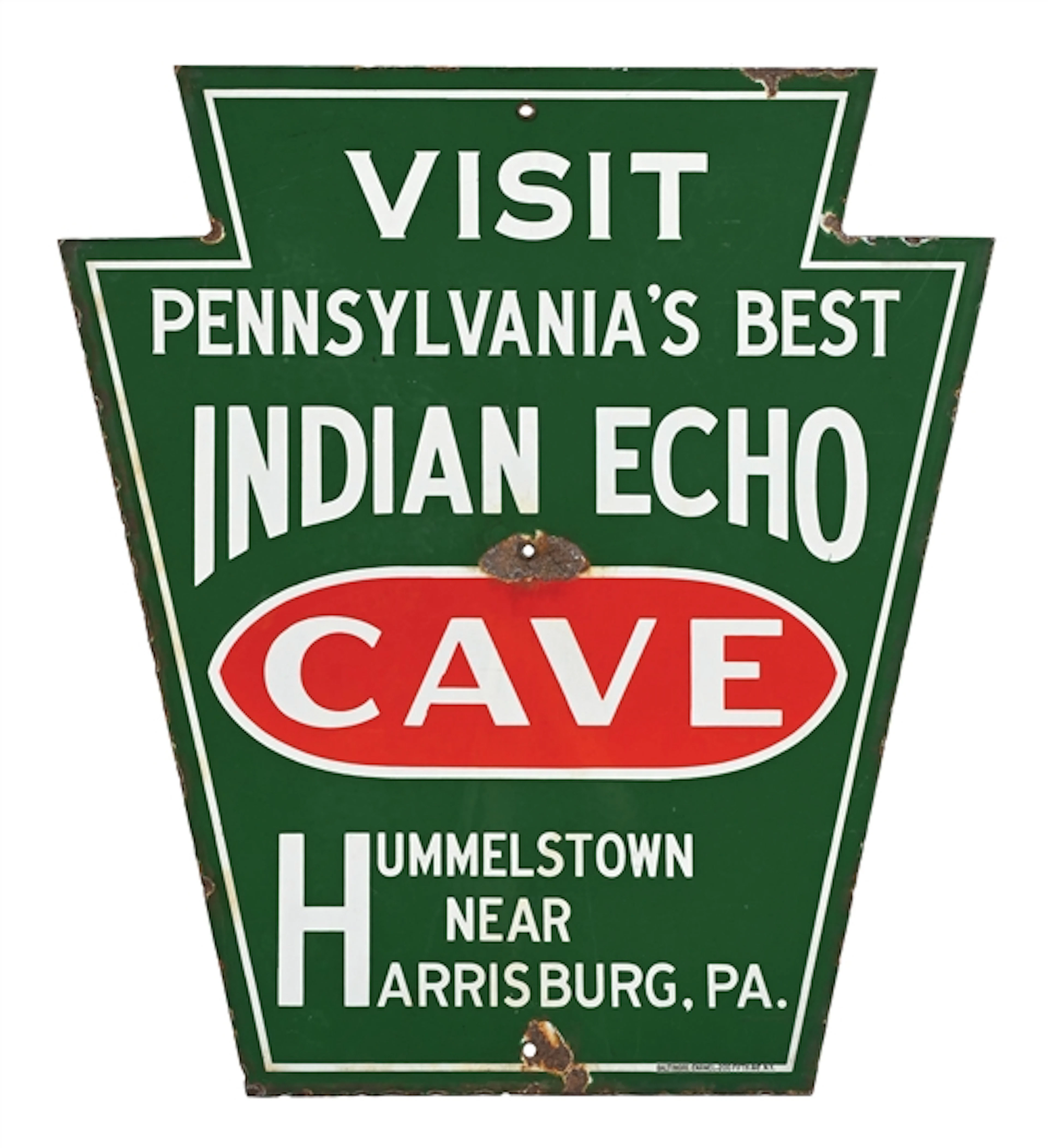 VISIT PENNSYLVANIA'S BEST INDIAN ECHO CAVE PORCELAIN HIGHWAY SIGN