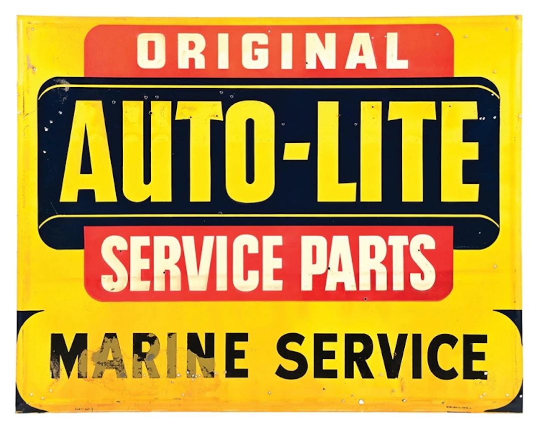AUTO-LITE SERVICE PARTS MARINE SERVICE EMBOSSED TIN SIGN
