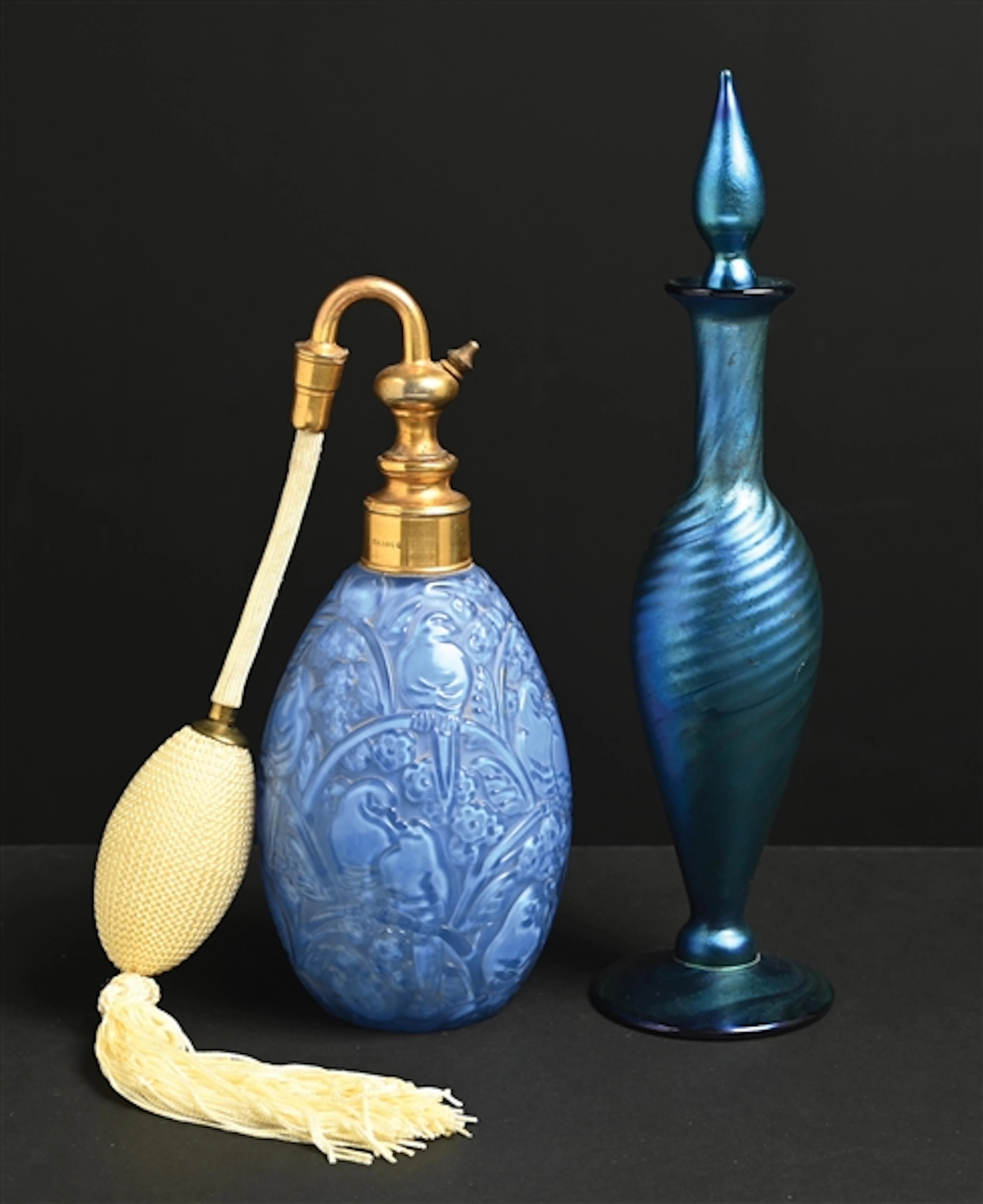 LOT OF 2: FRENCH BURGUN SCHVERER 7 CO. BLUE GLASS PERFUME BOTTLE &