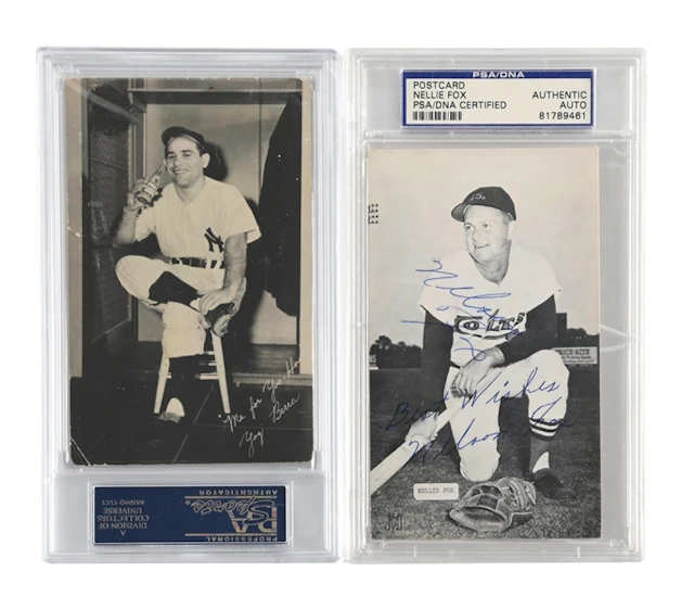 LOT OF 2: NELLIE FOX AND YOGI BERRA SIGNED POSTCARDS