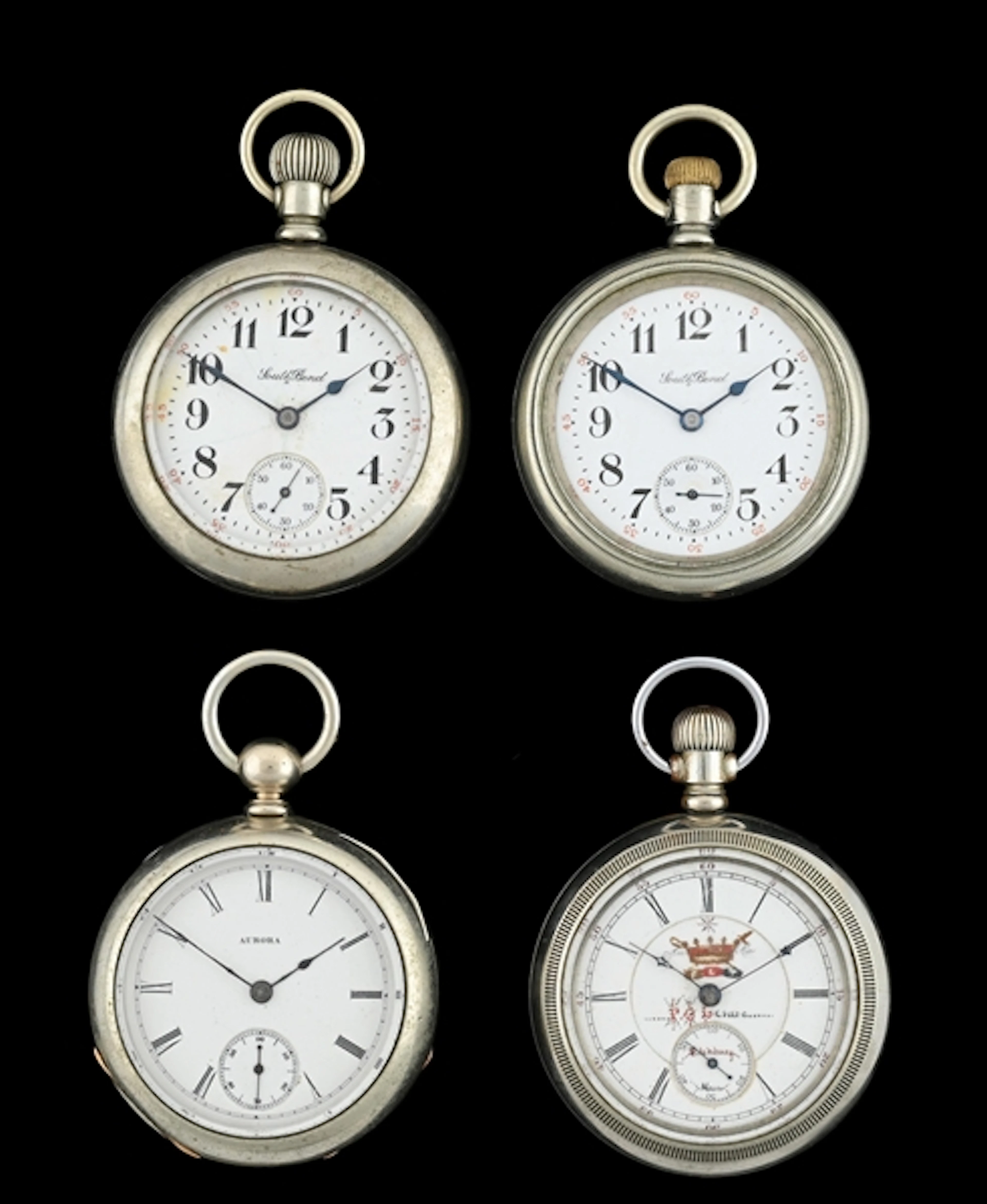 LOT OF 4: AURORA OPEN-FACE NICKEL SILVER POCKET WATCHES