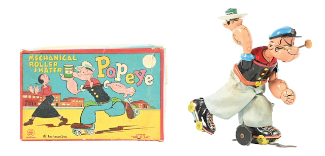 LINEMAR MECHANICAL ROLLER SKATER POPEYE, NO. J-1531, WITH ORIG. BOX