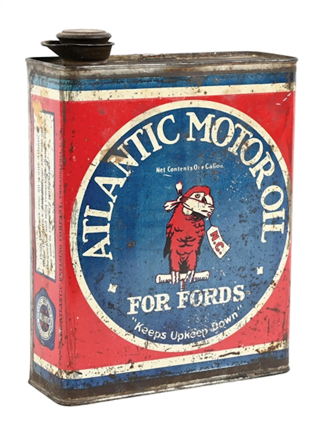 ATLANTIC MOTOR OIL "FOR FORDS" ONE GALLON CAN W/ PARROT GRAPHIC.