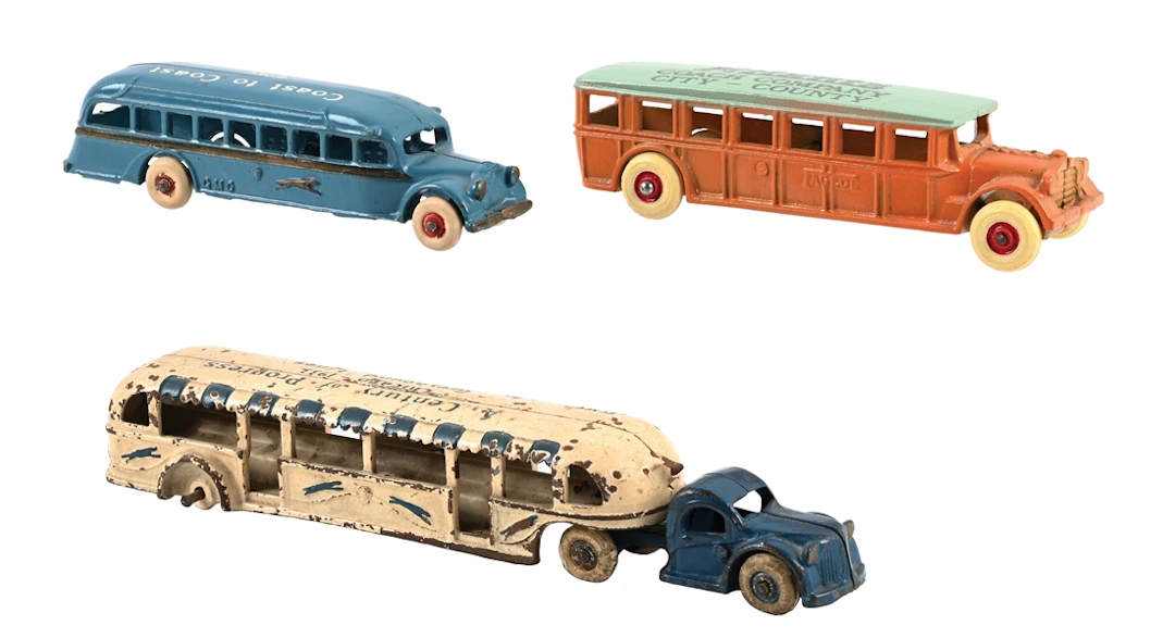LOT OF 3: ARCADE MFG. CO. CAST IRON GMC GREYHOUND LINES AND ATLANTA