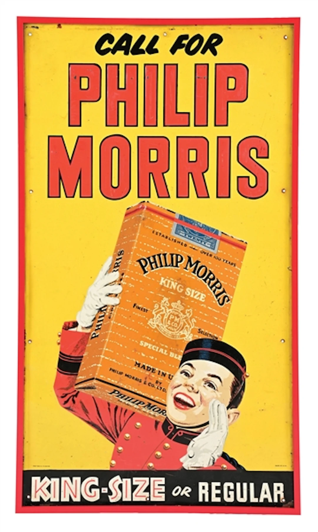 CALL FOR PHILIP MORRIS EMBOSSED TIN SIGN W/ ADDED DISPLAY FRAME.