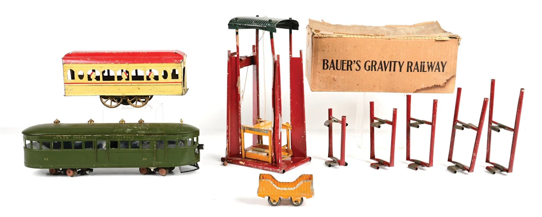 LOT OF 3: BAUER'S GRAVITY RAILWAY W/ BOX, HOMEMADE TROLLEY & DAYTON