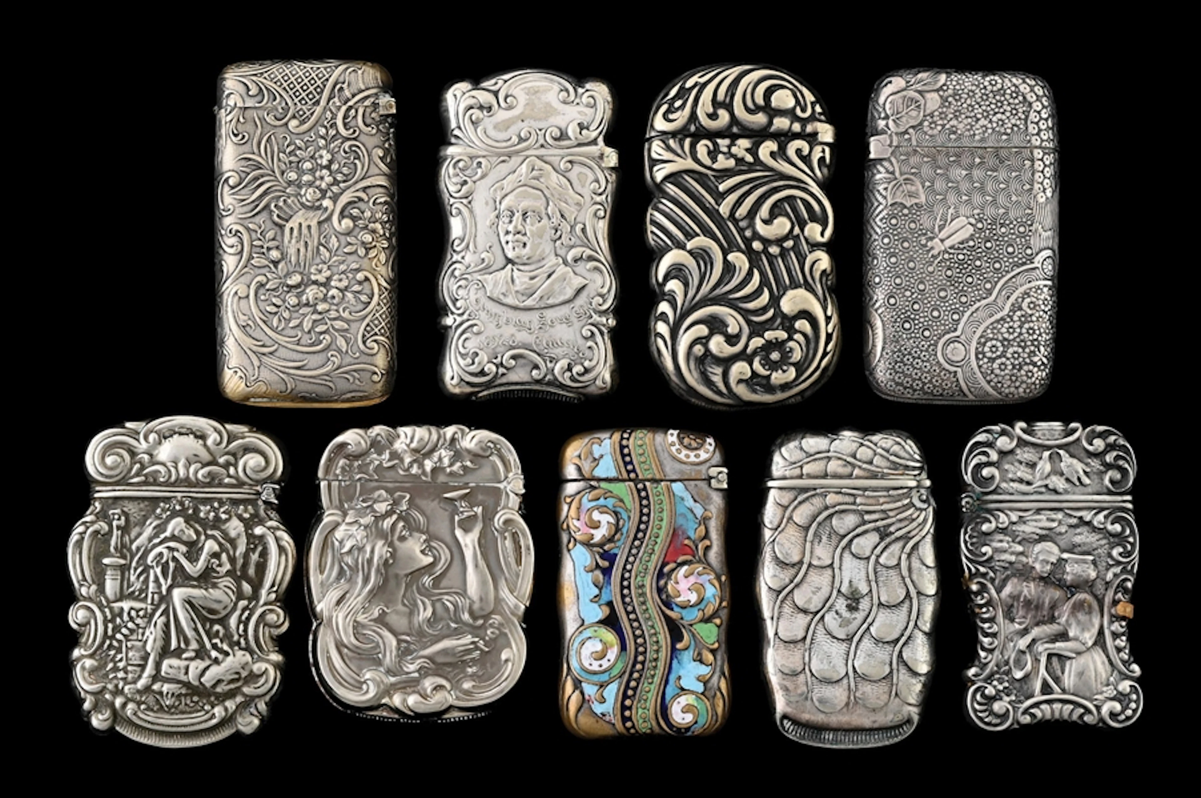 COLLECTION OF 9: SILVER PLATED MATCH SAFES