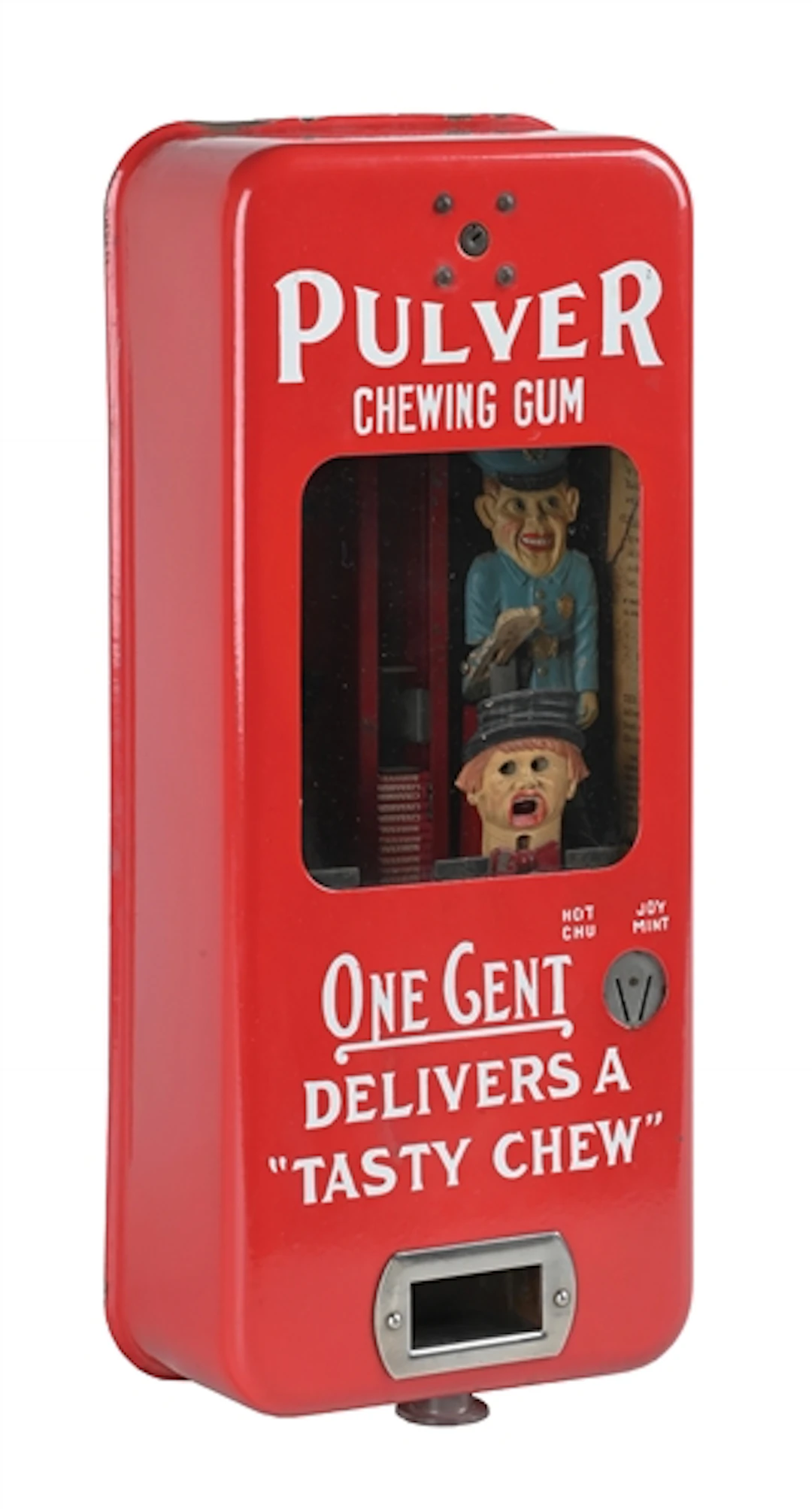 1¢ RED PORCELAIN COP AND ROBBER PULVER VENDING MACHINE