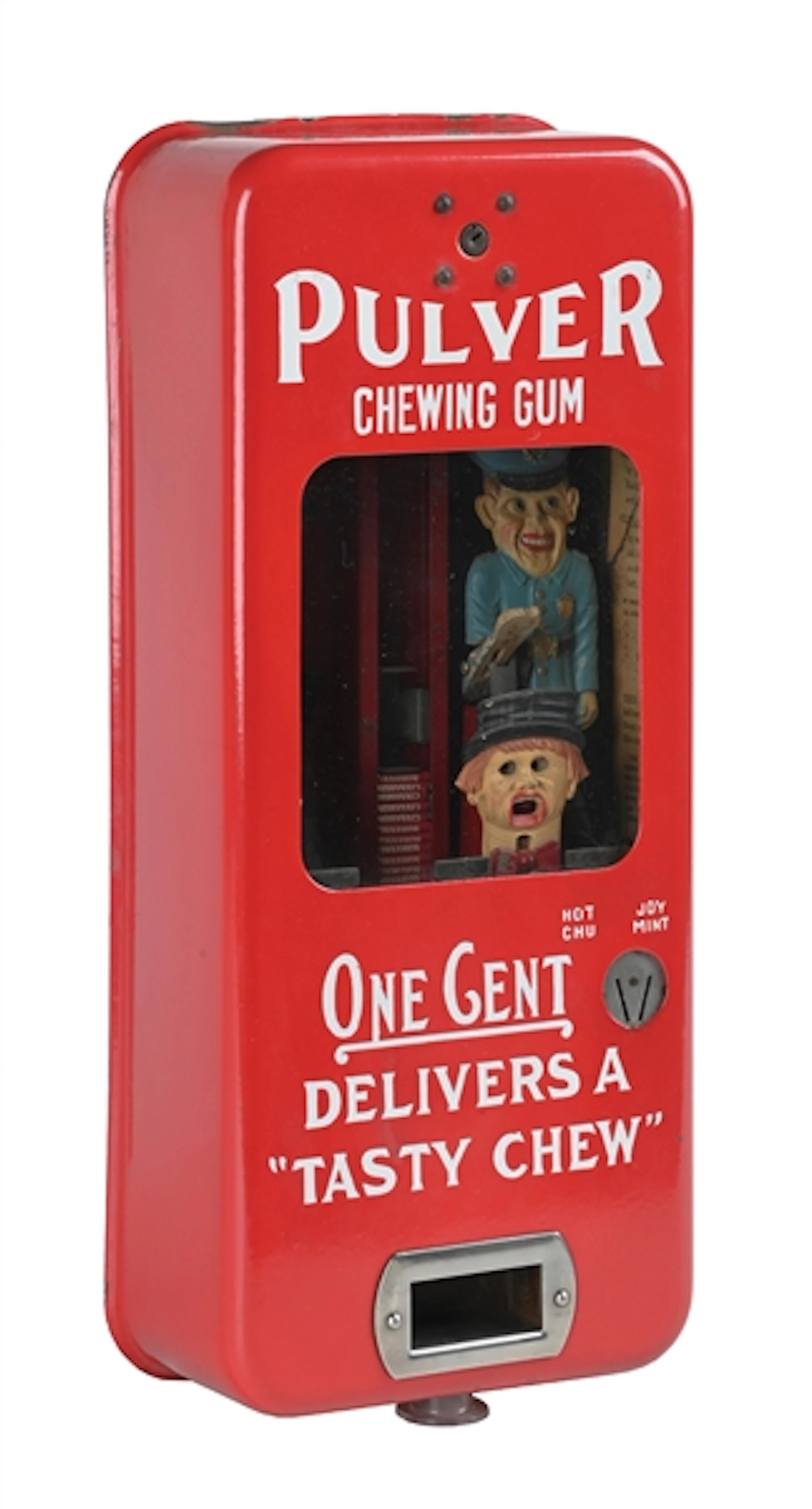 1¢ RED PORCELAIN COP AND ROBBER PULVER VENDING MACHINE