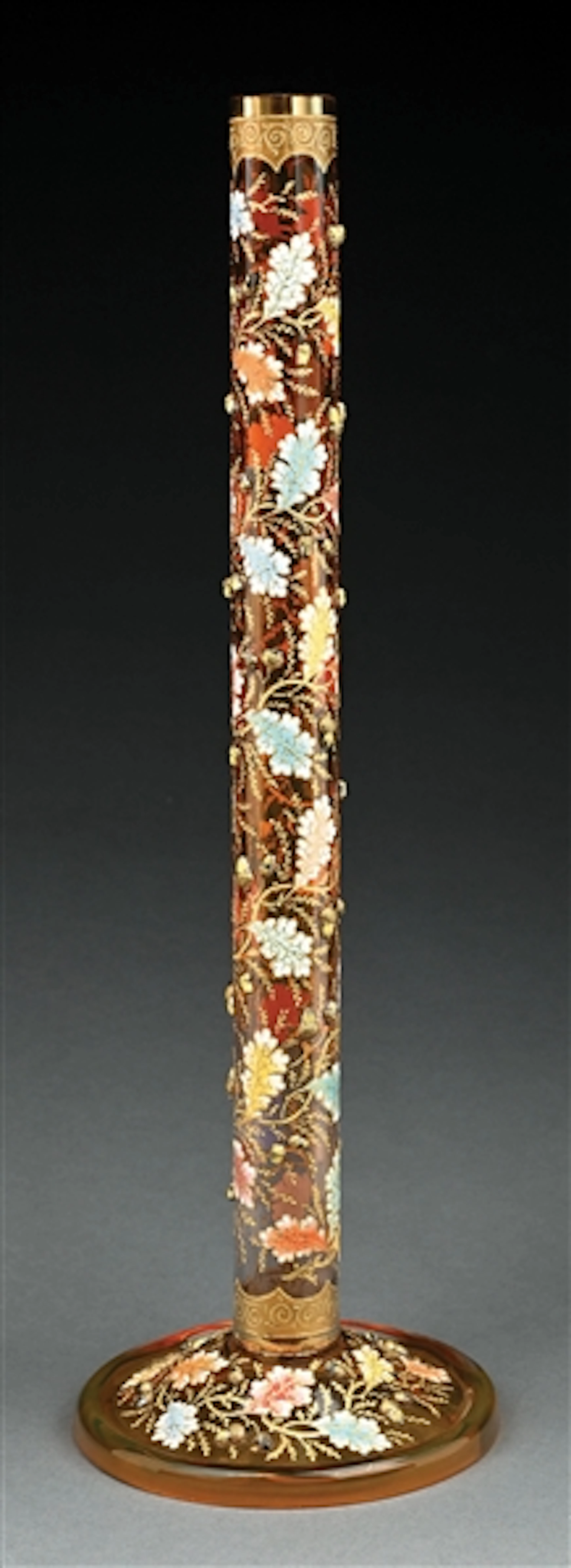 MOSER GLASS & ENAMEL VASE W/ ACORNS