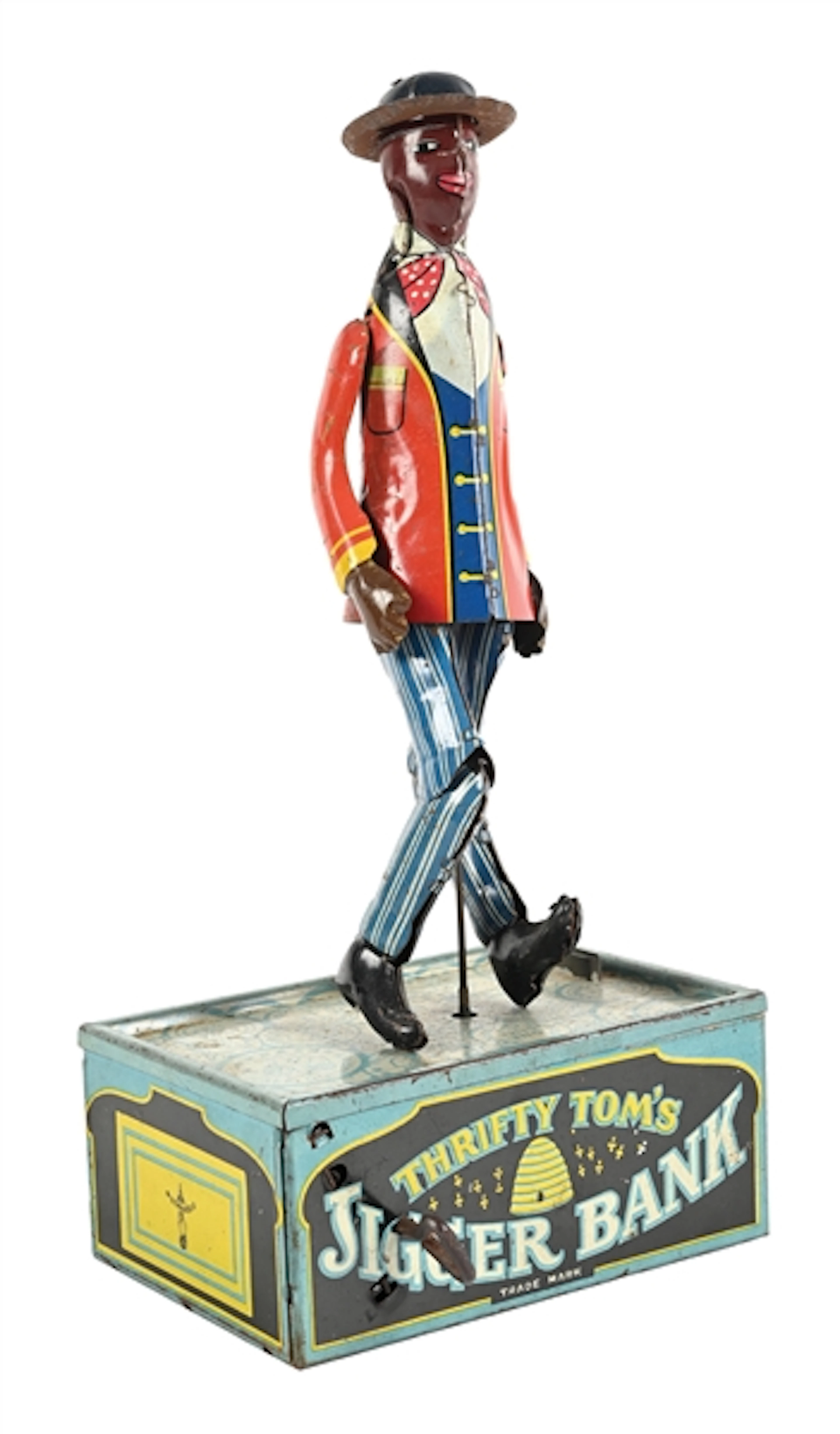 FERDINAND STRAUSS CORP. “THRIFTY TOM’S JIGGER BANK” MECHANICAL TIN BANK