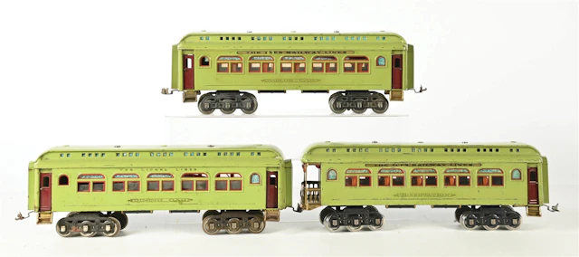 LOT OF 3: IVES & LIONEL 418, 431 & 490 APPLE GREEN STD-GA. PASS. CARS
