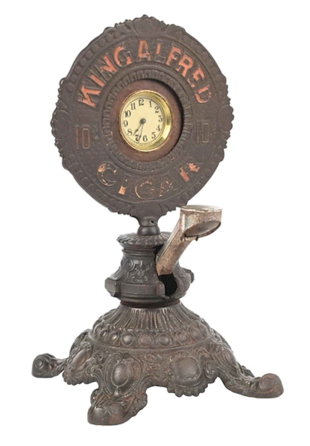 CAST IRON CIGAR CUTTER W/ CLOCK ADVERTISING KING ALFRED CIGARS