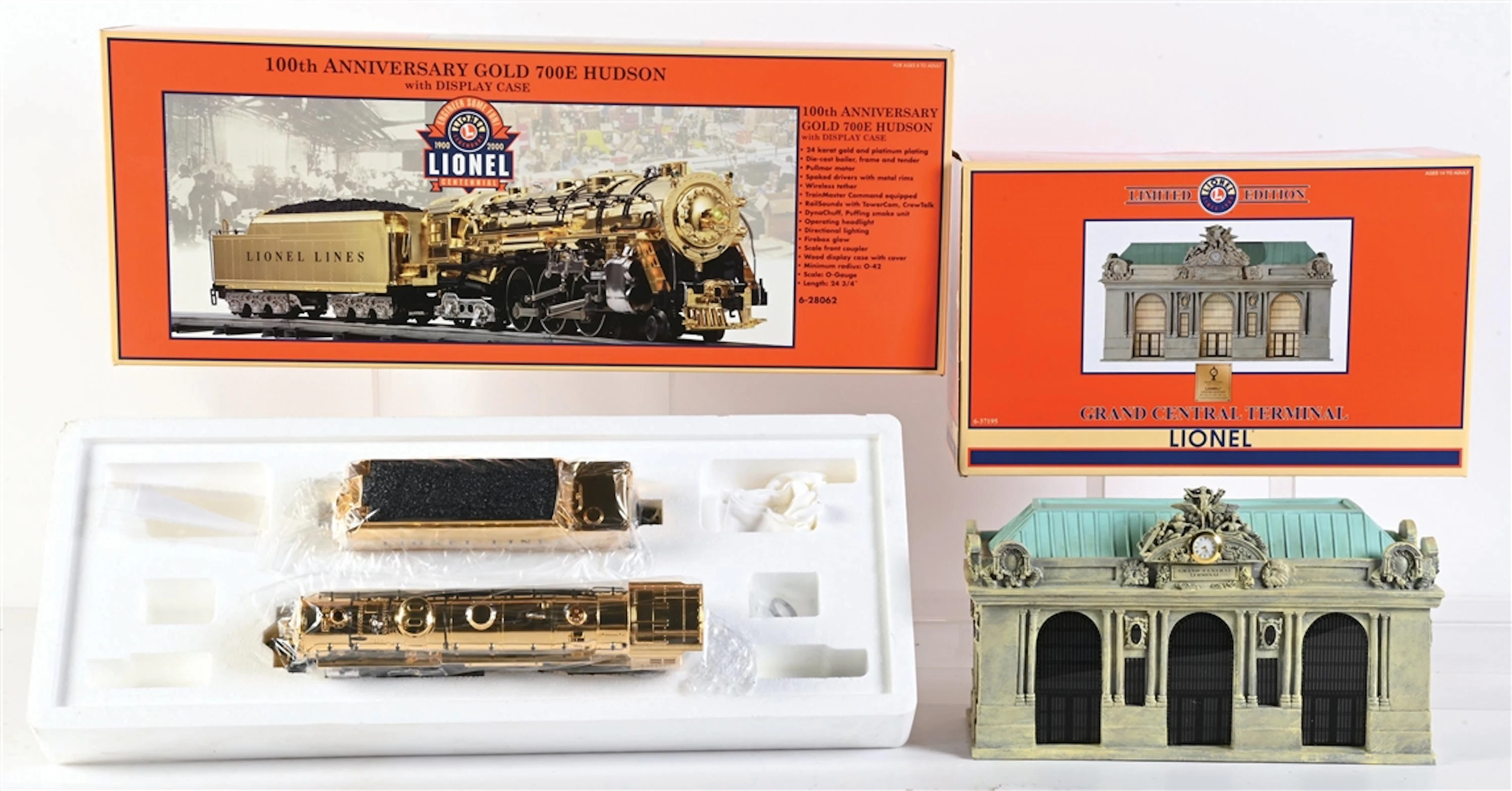 LOT OF 3: LIONEL O-GA. 100TH ANNIVERSARY GOLD 700E HUDSON W/ DISPLAY