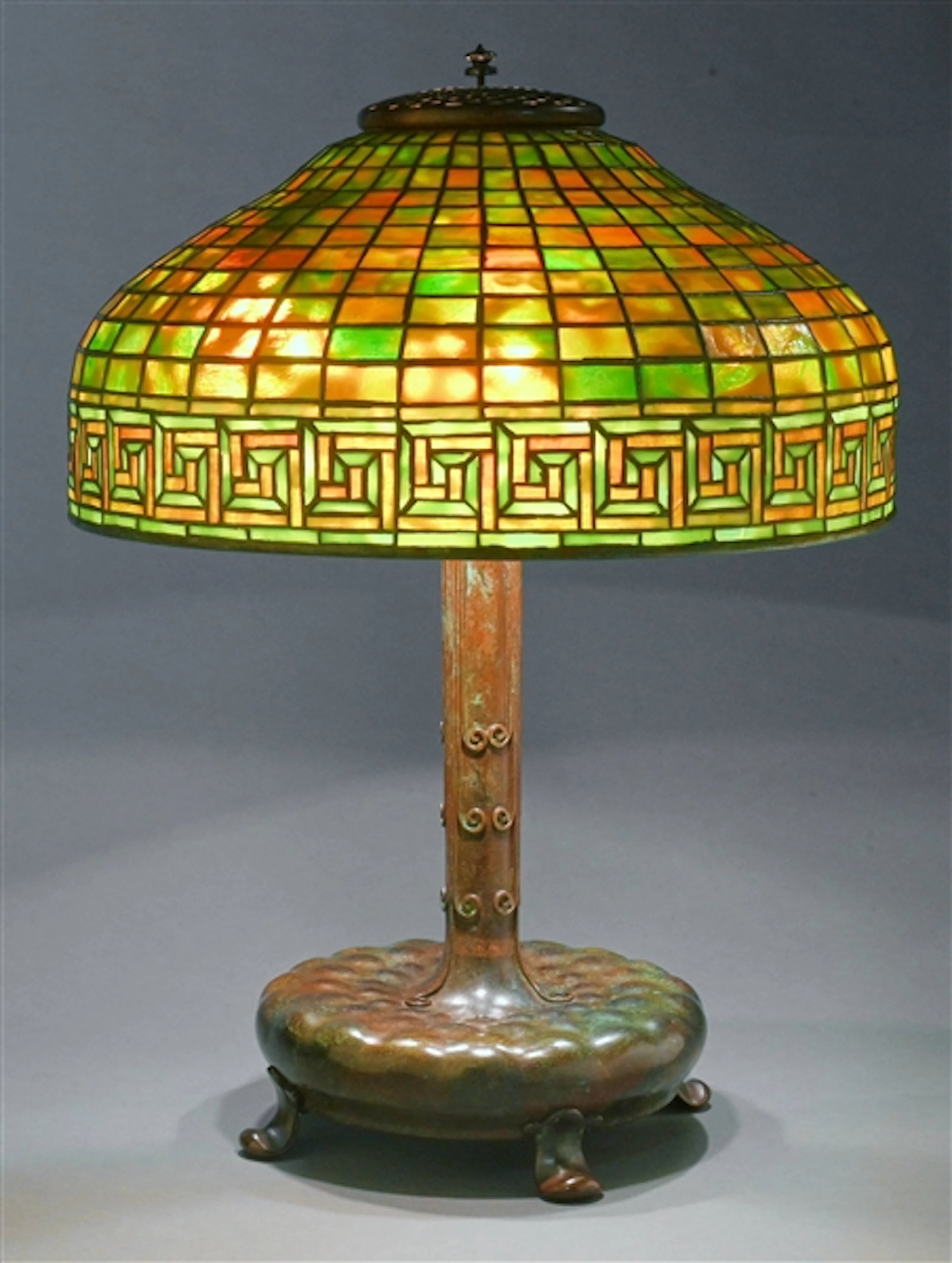 TIFFANY STUDIOS DICHROIC GREEK KEY LEADED GLASS TABLE LAMP