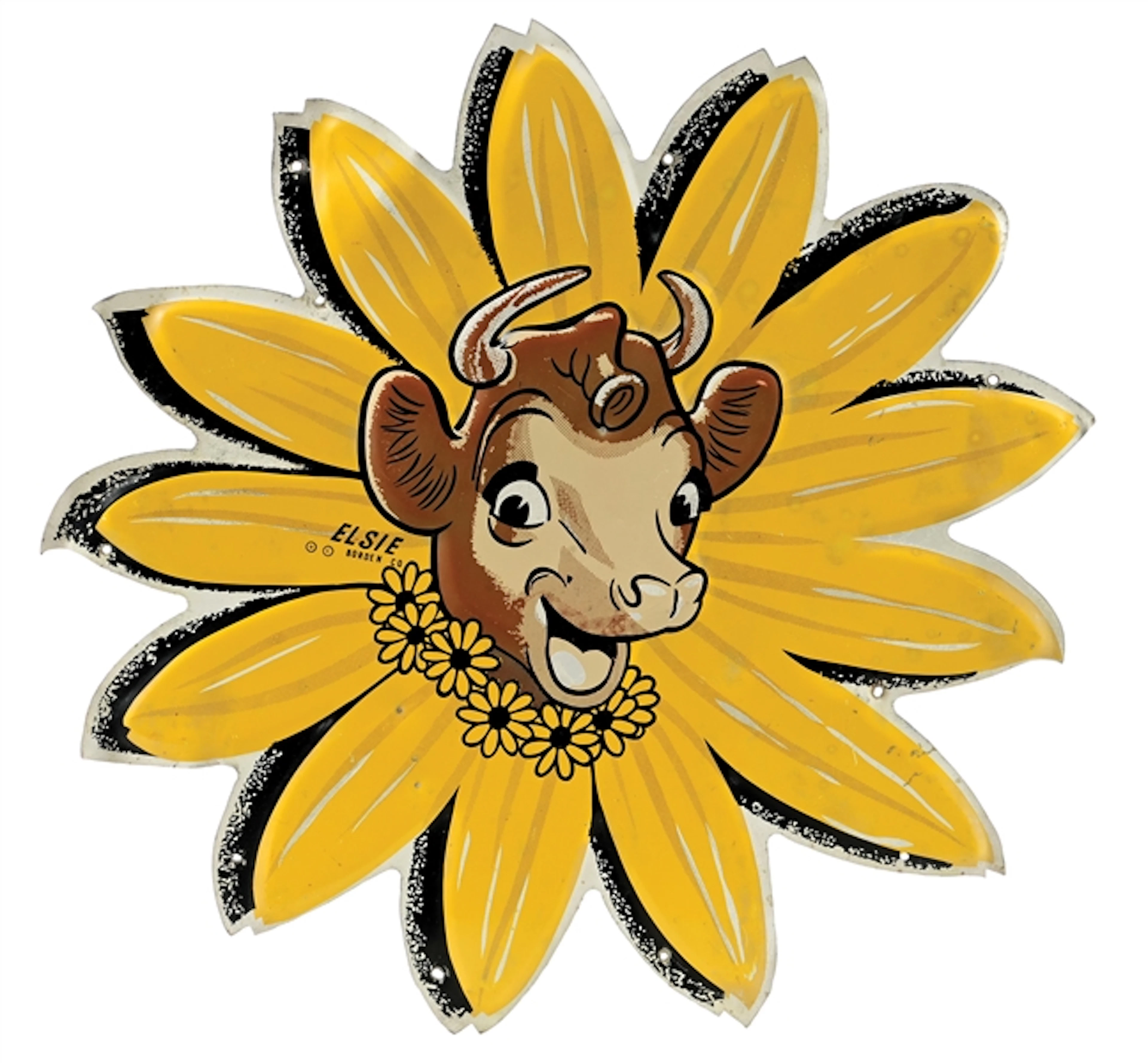 BORDEN DAIRY PRODUCTS DIE CUT TIN SUNFLOWER SIGN WITH ELSIE COW GRAPHIC