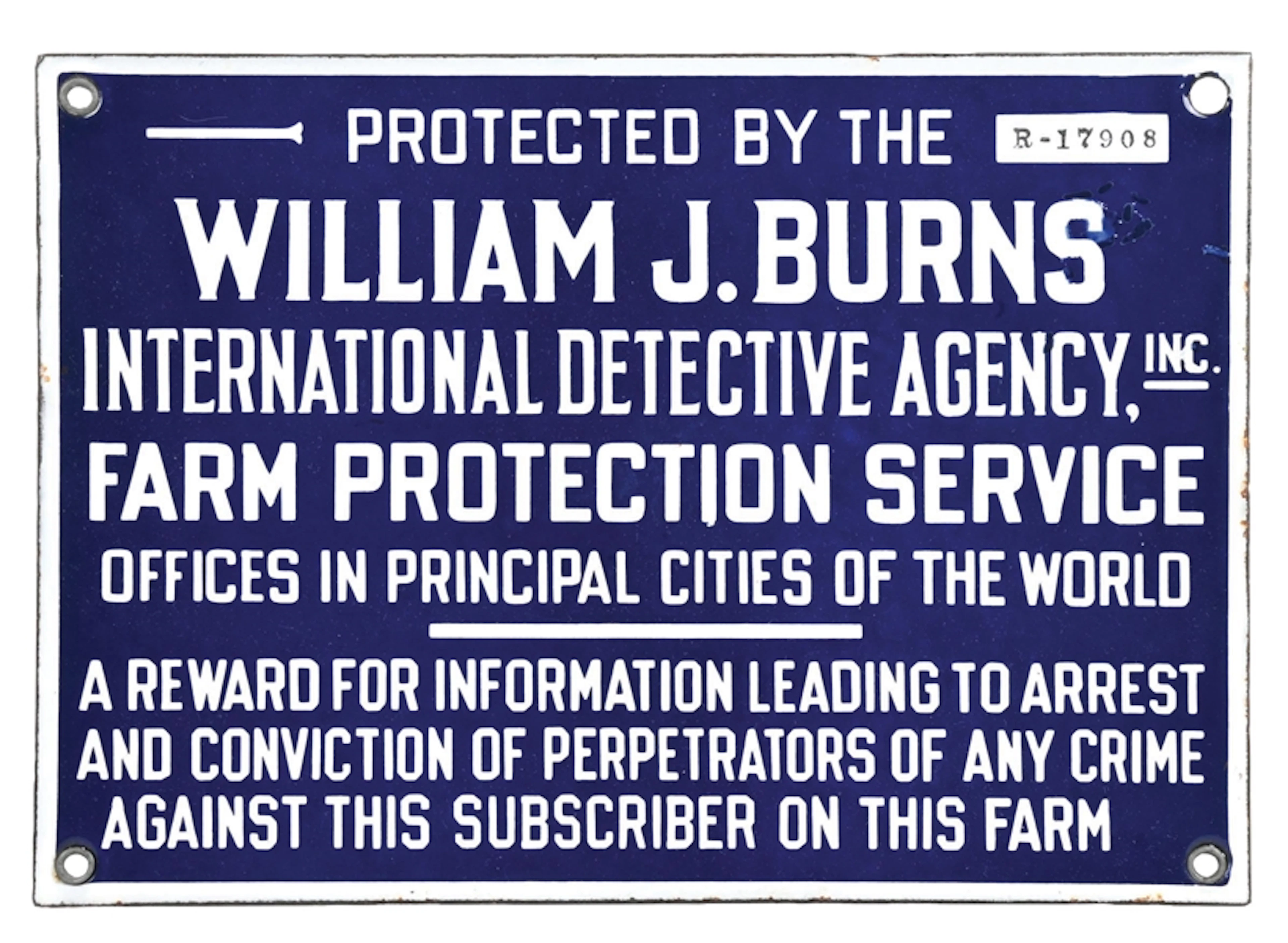 PROTECTED BY WILLIAM J. BURNS FARM PROTECTION SERVICE PORCELAIN SIGN