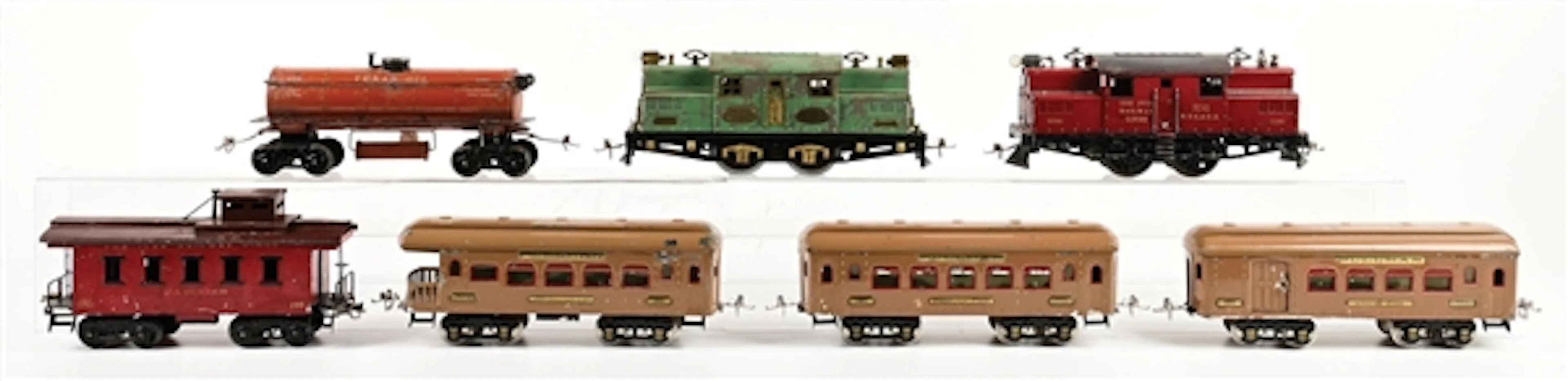 LOT OF 8: IVES STD-GA. ELECTRIC LOCOMOTIVE, PASSENGER, & FREIGHT CARS