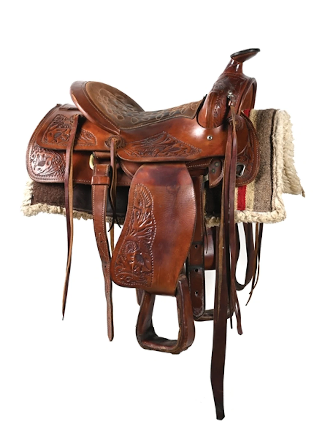 SET OF 3: BROWN TOOLED LEATHER SADDLE W/ FLORAL MOTIF, SADDLE BLANKET AND CINCH