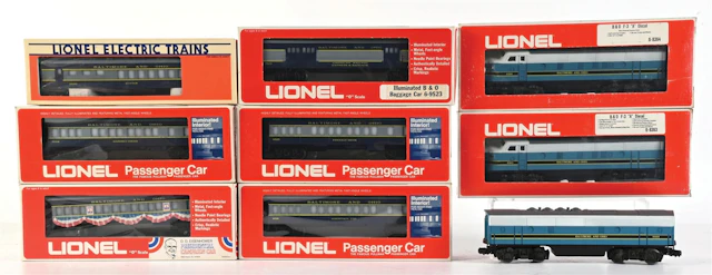 LOT OF 9: LIONEL B & O F-3 DIESEL LOCOS AND ASSORTED PASSENGER CARS