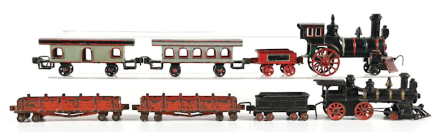 LOT OF 8: CAST IRON TRAINS AND ASSORTED CARS