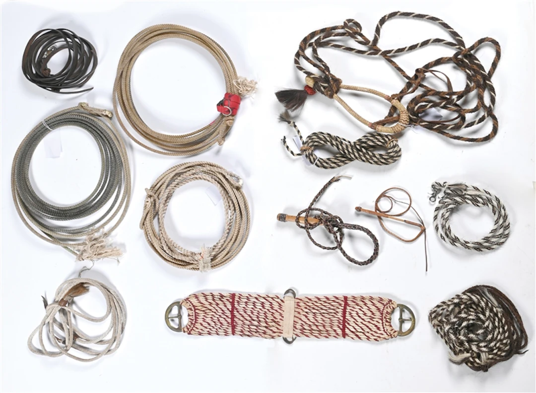 LARGE LOT OF 16: ASSORTED HORSE HAIR ROPES AND SADDLE BLANKETS
