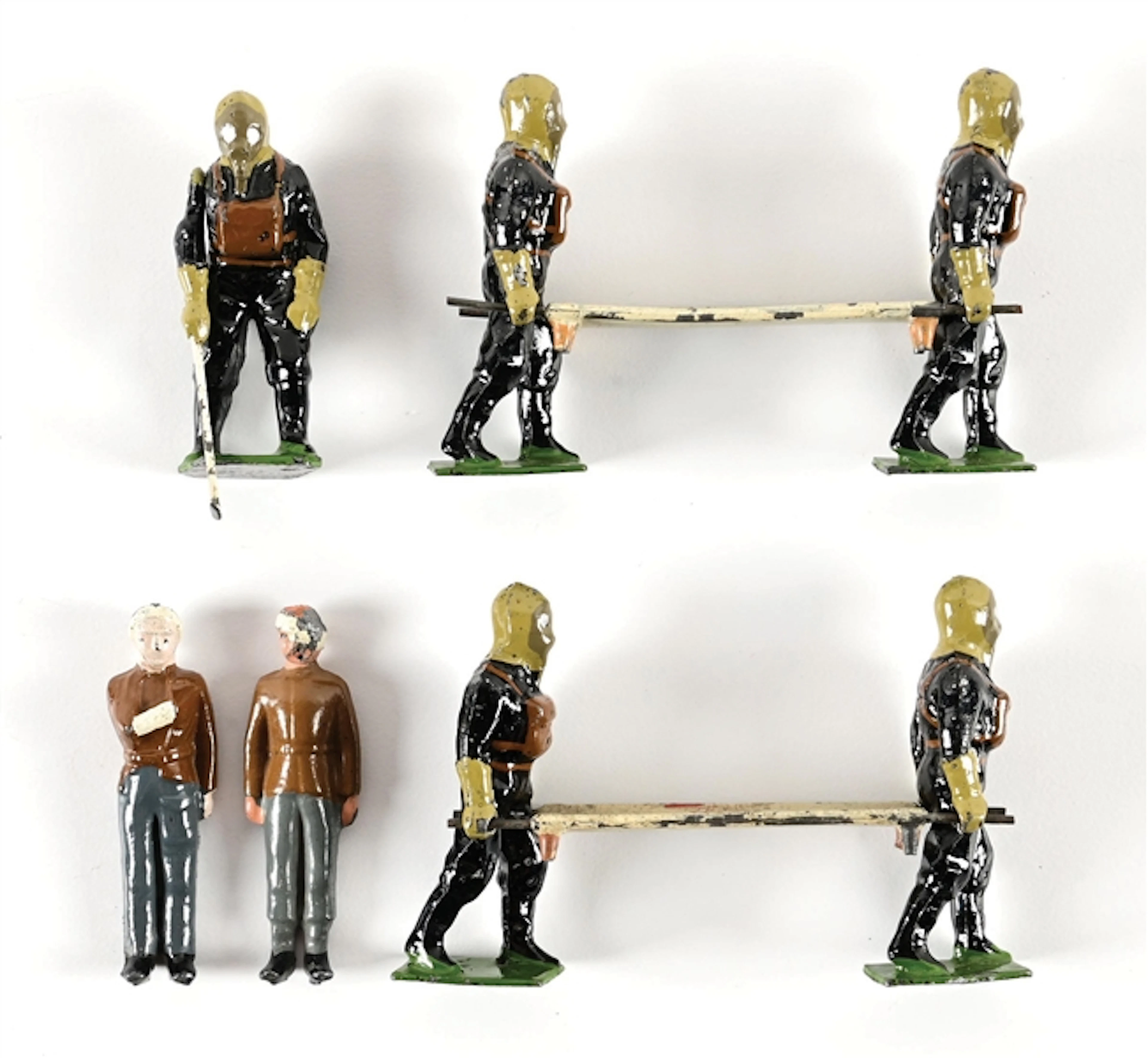W. BRITAINS WWII ERA AIR RAID PRECAUTIONS STRETCHER PARTY SQUAD AND