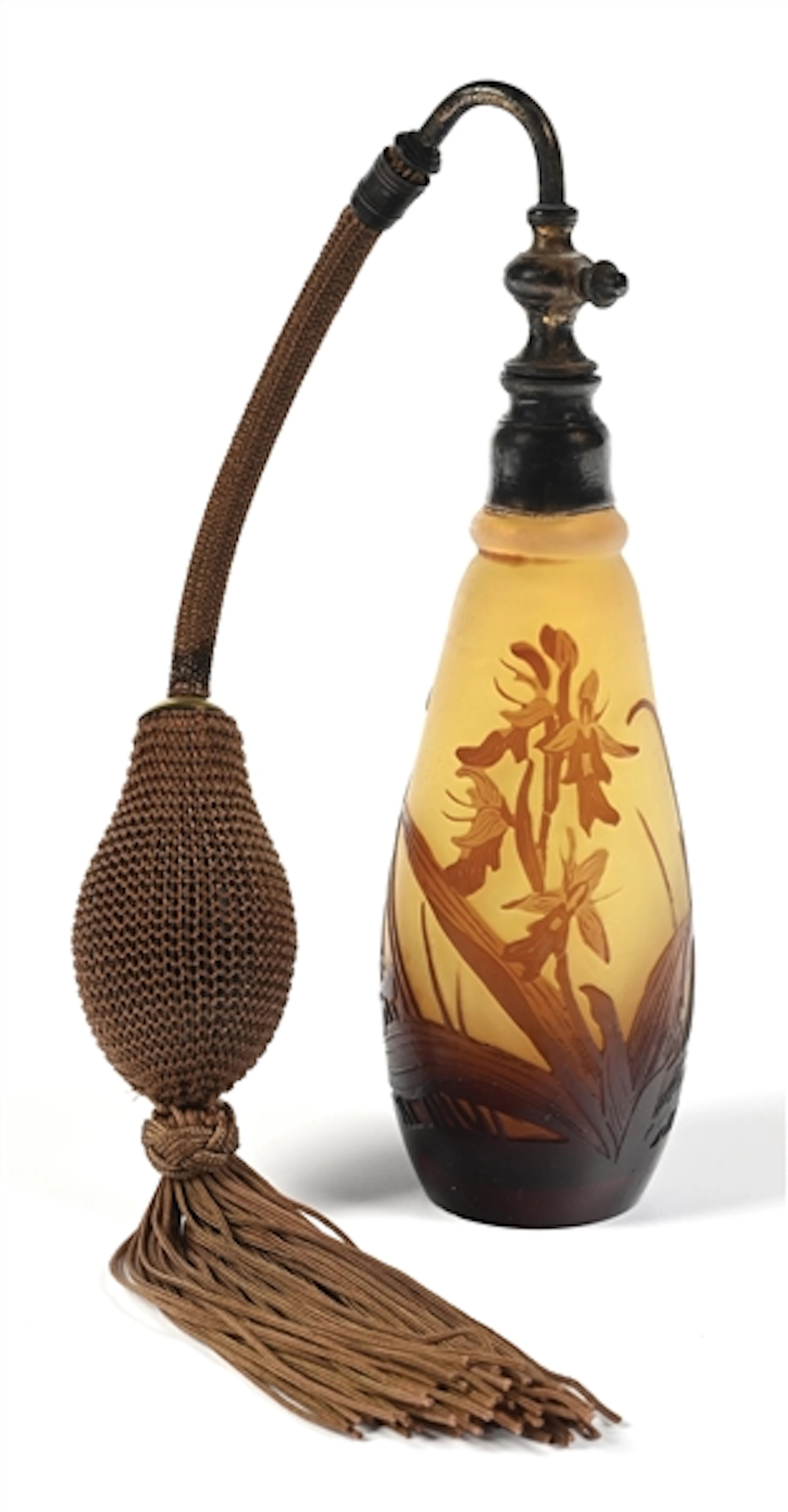 ÉMILE GALLÉ AMBER PERFUME WITH BROWN FLORAL OVERLAY WITH ATOMIZER