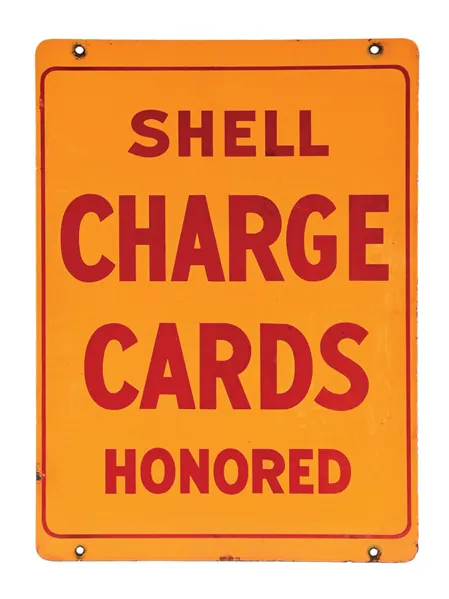 SHELL CHARGE CARDS HONORED PORCELAIN SERVICE STATION SIGN