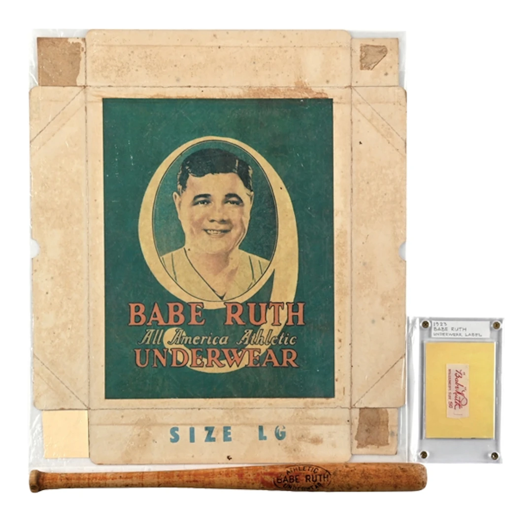 LOT OF 3: 1923 BABE RUTH ATHLETIC UNDERWEAR LABEL, ADVERTISING BOX