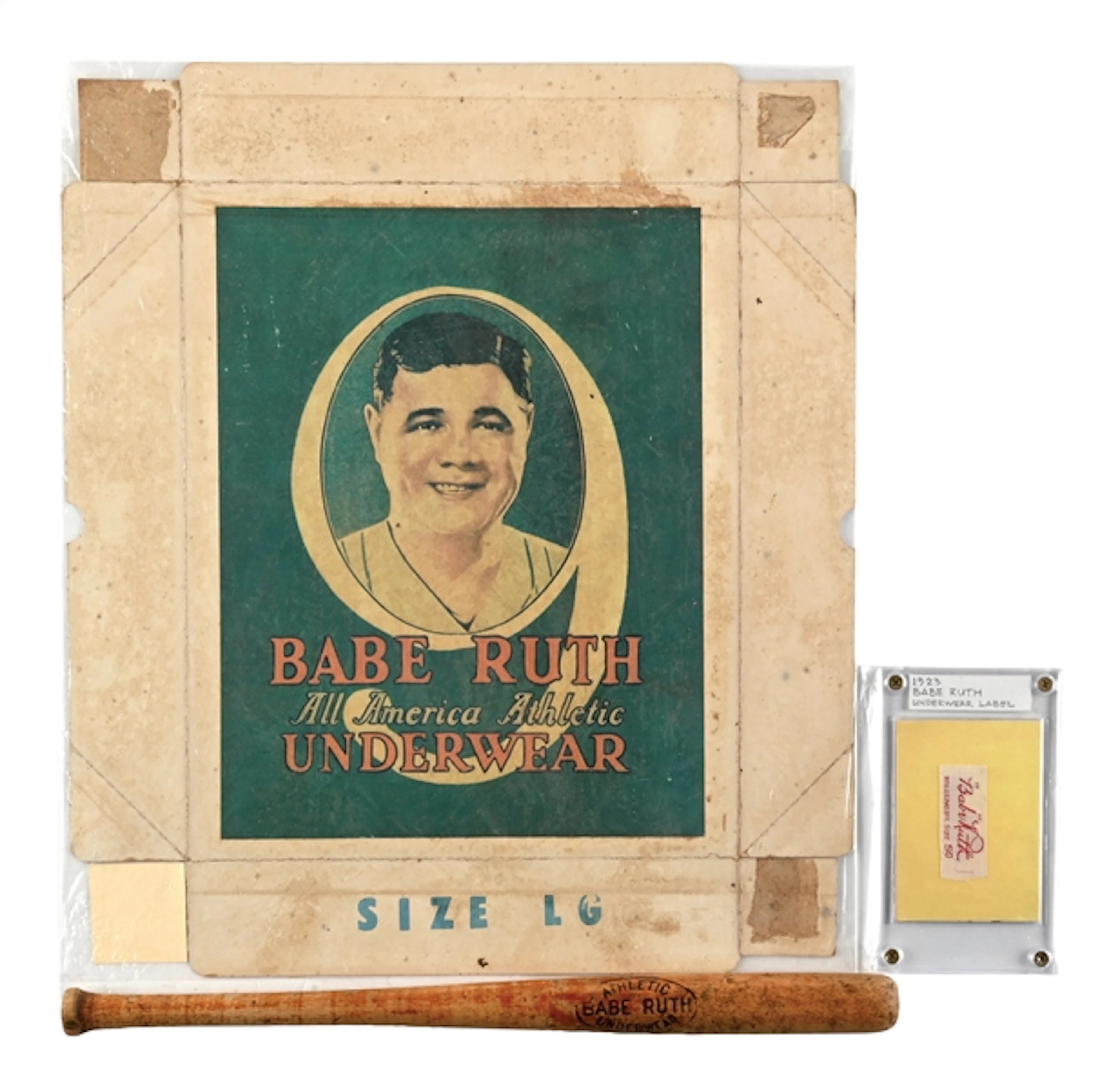 LOT OF 3: 1923 BABE RUTH ATHLETIC UNDERWEAR LABEL, ADVERTISING BOX