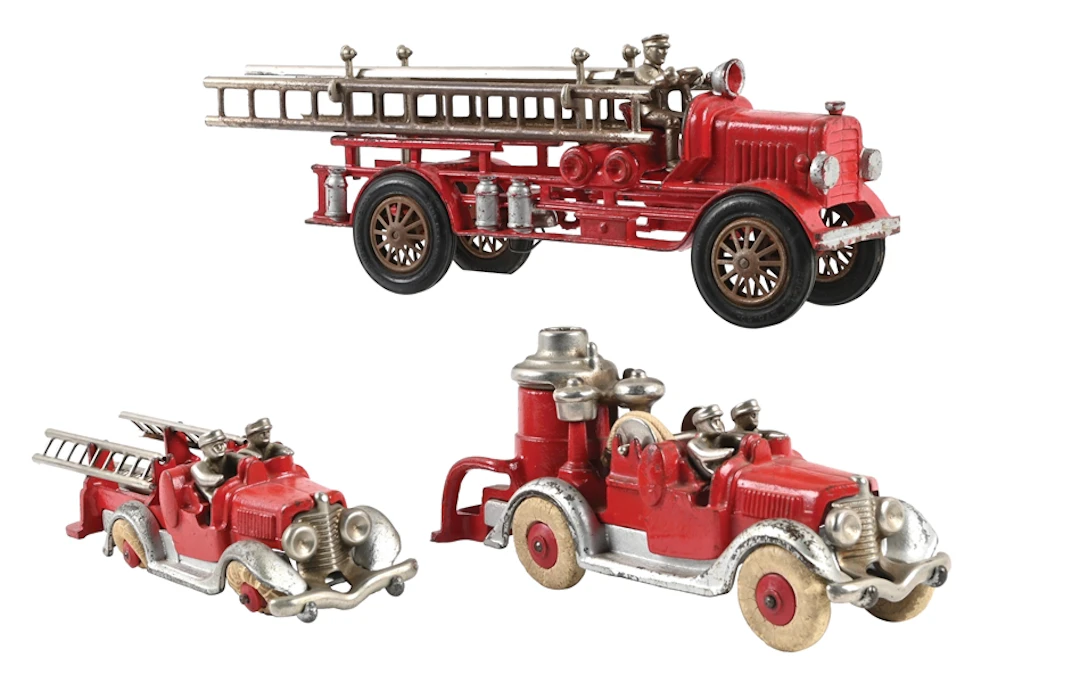 LOT OF 3: ANTIQUE CAST IRON FIRE DEPT. LADDER TRUCKS