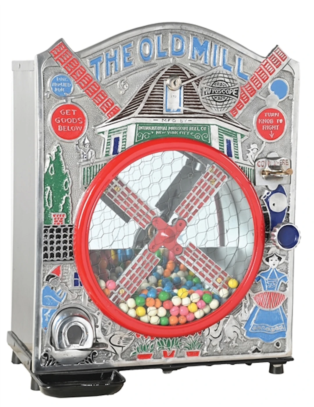 1¢ INTERNATIONAL MUTOSCOPE "THE OLD MILL" CIRCUS VENDING MACHINE WITH
