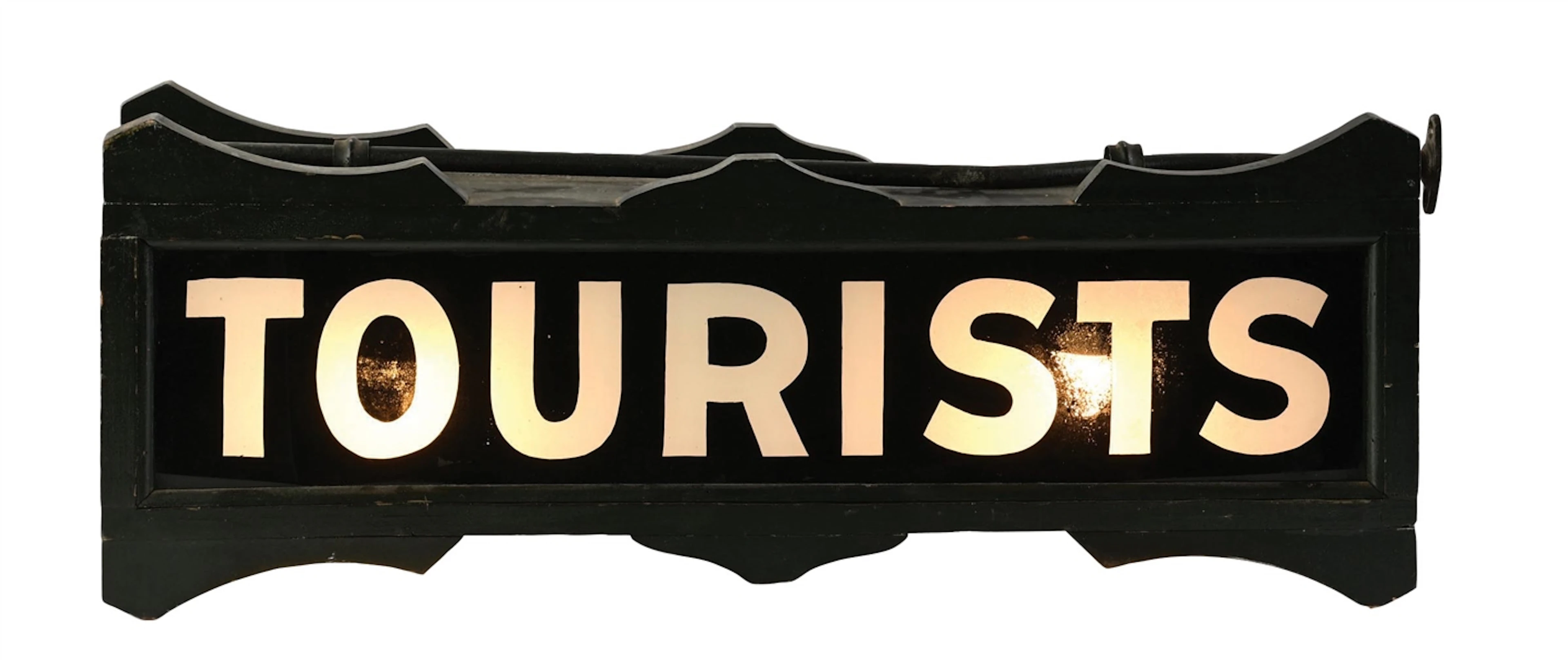 TOURISTS LIGHT-UP SIGN W/ ORIGINAL IRON HANGER & WOODEN FRAMING