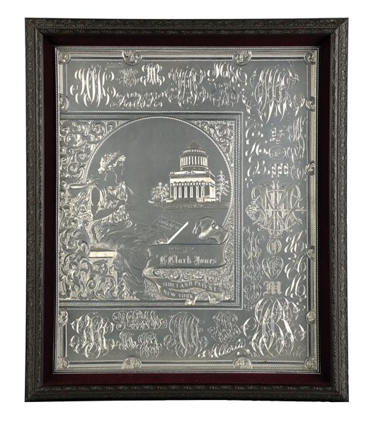 PHILADELPHIA COLLEGE OF HOROLOGY ENGRAVED FRAMED SILVER PIECE BY C. CLARK JONES