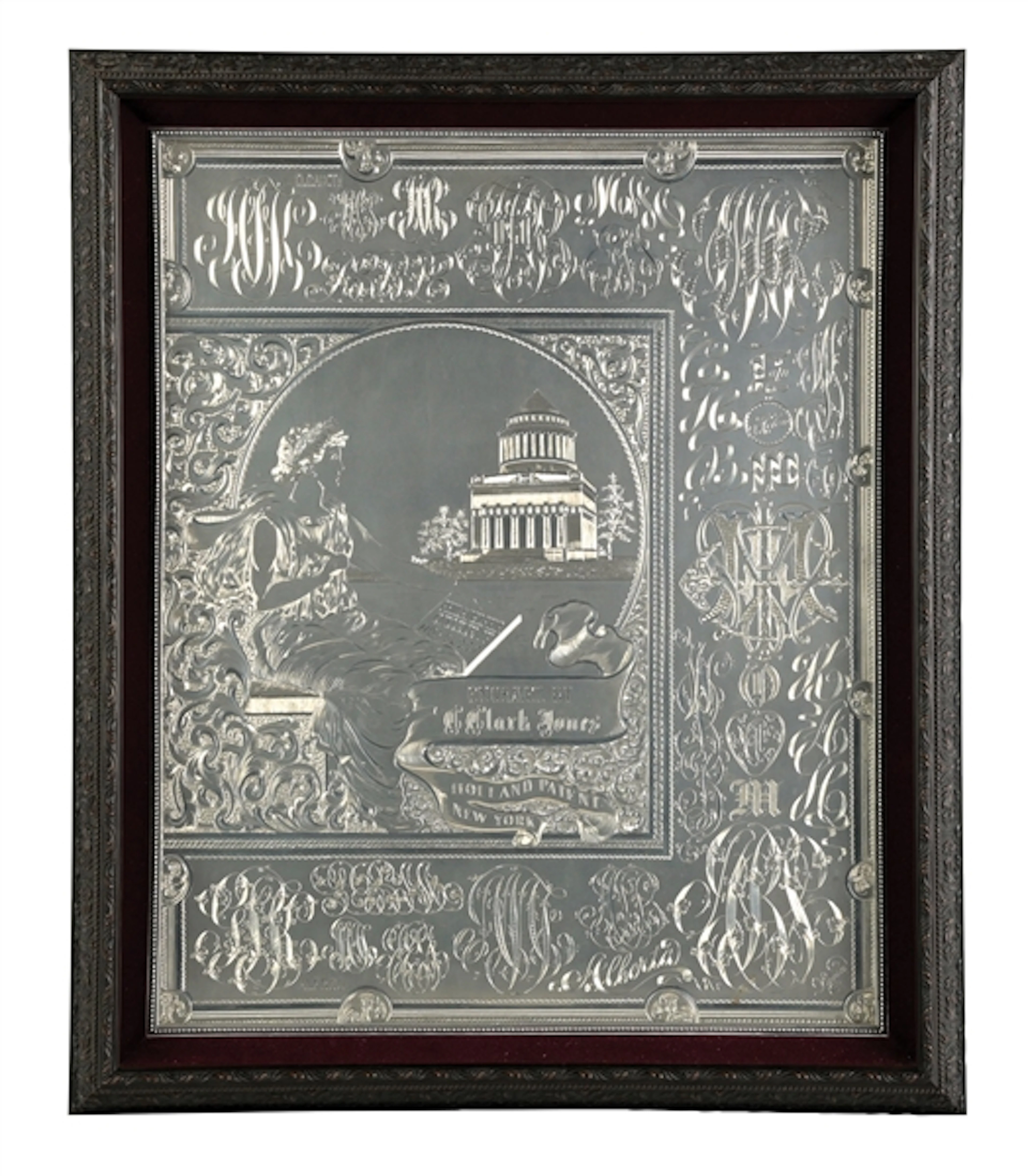 PHILADELPHIA COLLEGE OF HOROLOGY ENGRAVED FRAMED SILVER PIECE BY C. CLARK JONES
