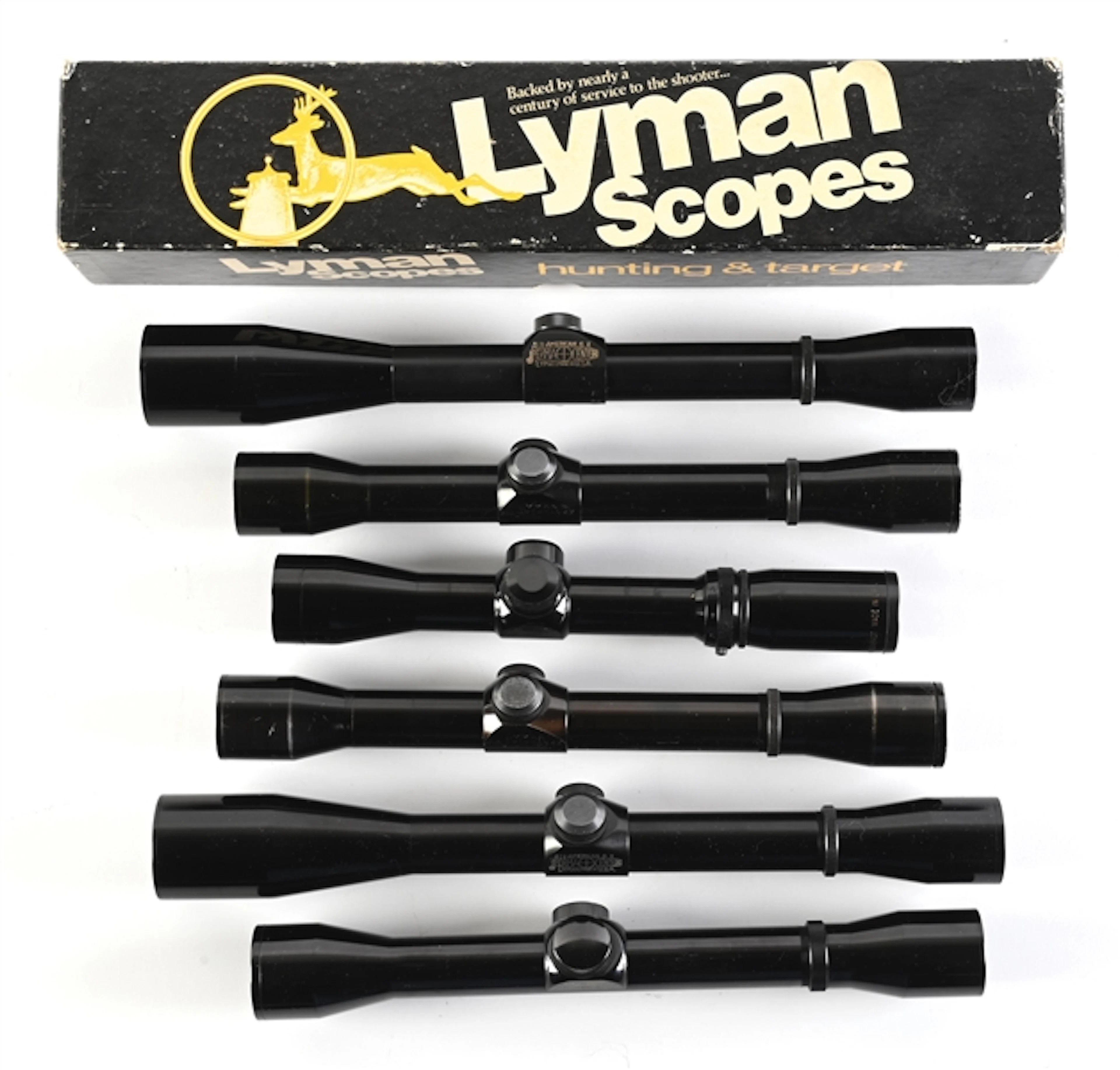 LOT OF 6: RIFLE SCOPES, MOSTLY LYMAN ALL AMERICAN.