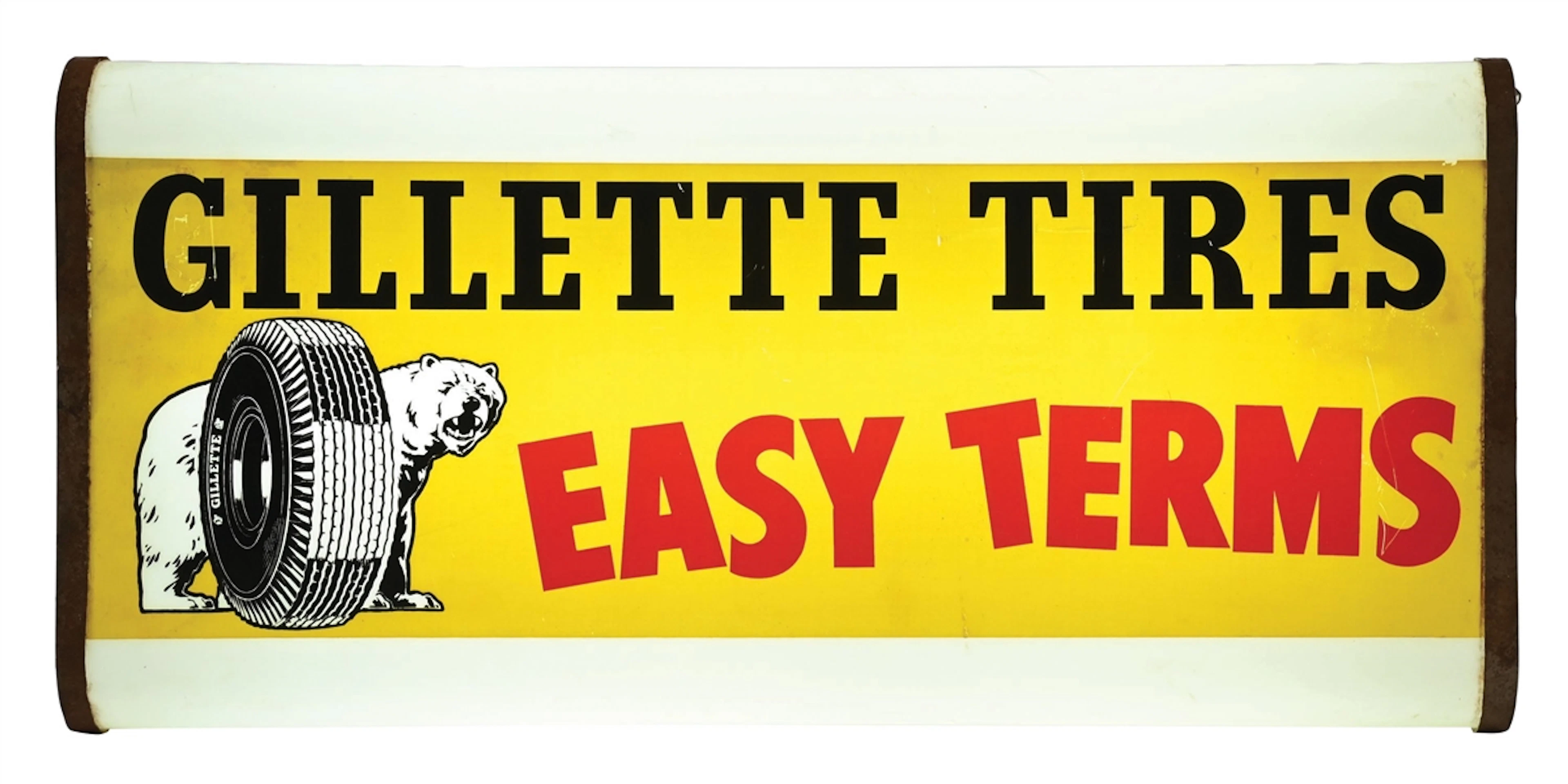 GILLETTE TIRES EASY TERMS LIGHT - UP SIGN W/ BEAR GRAPHIC