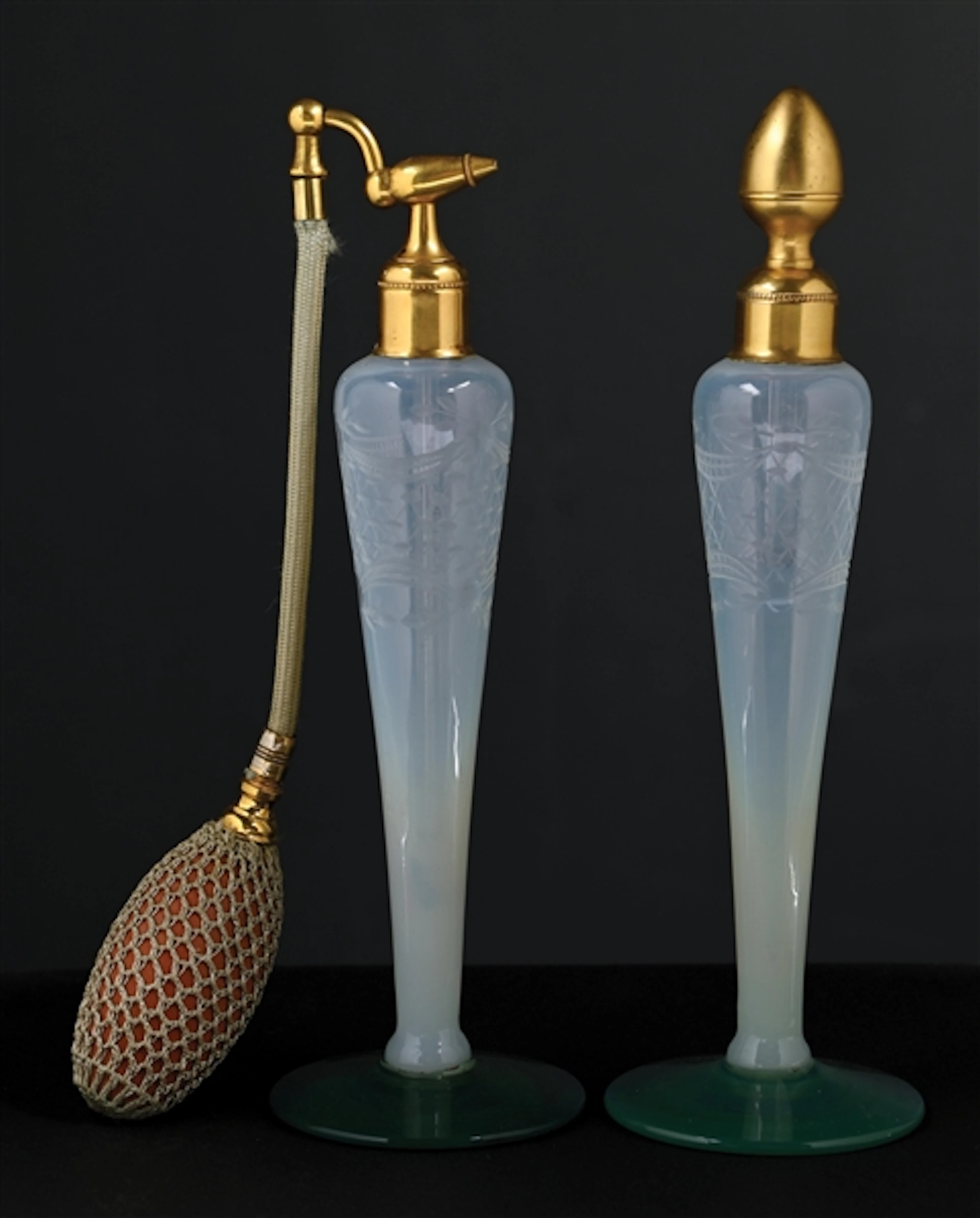 LOT OF 2: DEVILBISS FRY FOVAL PERFUMES WITH OPALESCENT WHITE GLASS