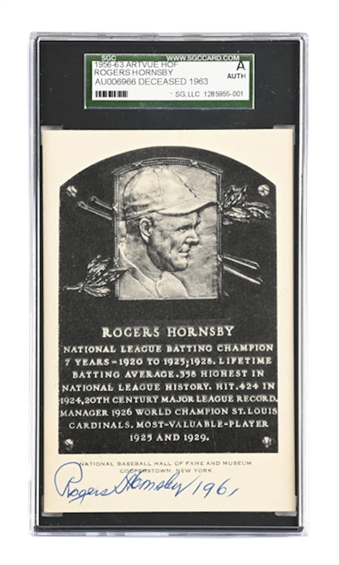 ROGERS HORNSBY SIGNED ARTVUE HOF PLAQUE SGC