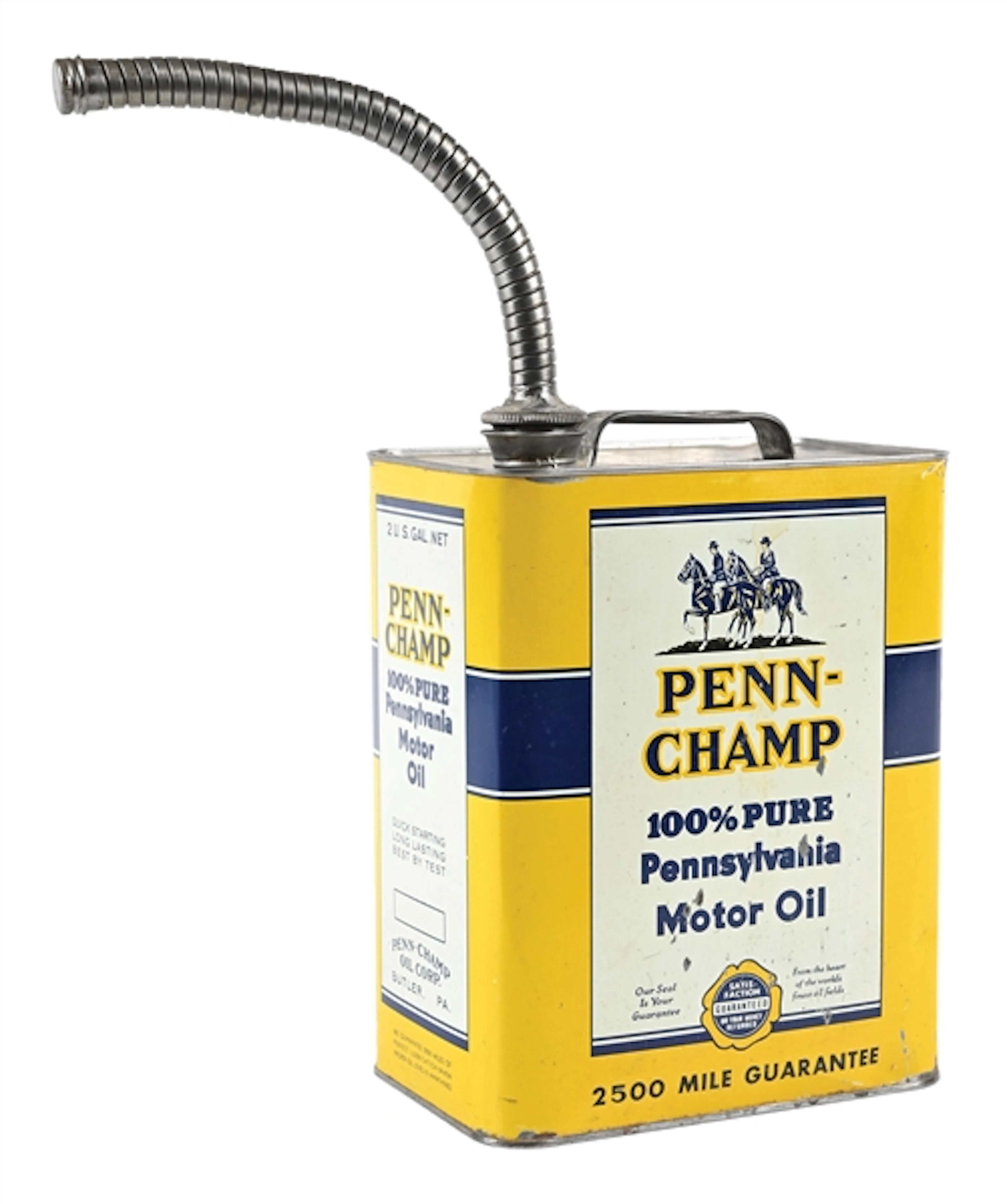 PENN-CHAMP PENNSYLVANIA MOTOR OIL TWO GALLON CAN W/ HORSE GRAPHICS.