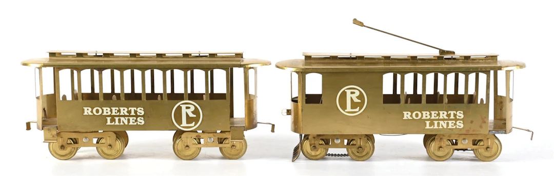 LOT OF 2: ROBERTS LINES BRASS STD. GA. TROLLEY AND TRAILER
